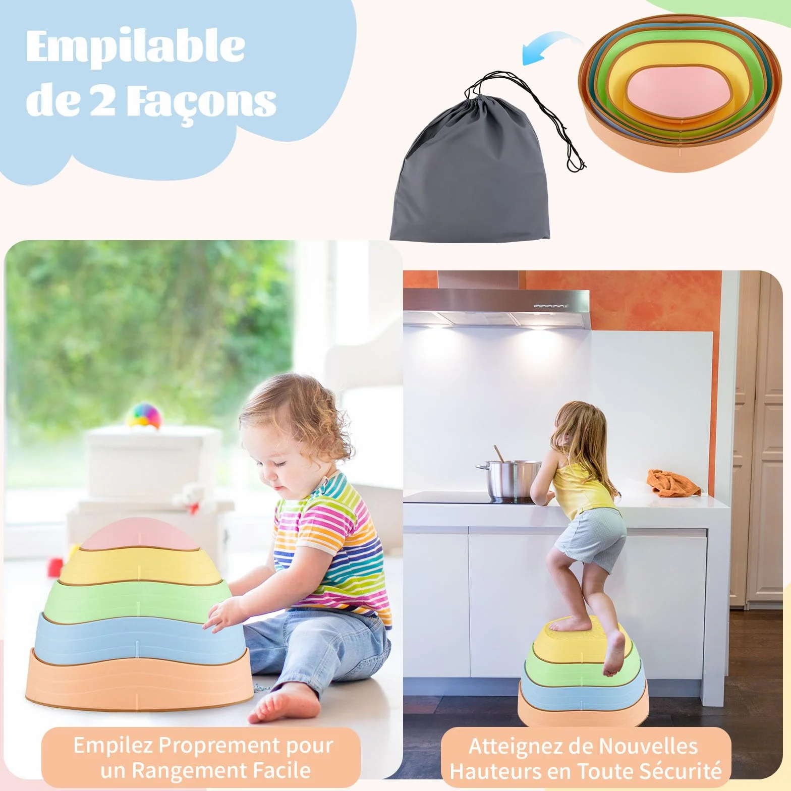 GOPLUS Pierres d'Équilibre pour Enfants, 5 Pièces Parcours de Motricité Antidérapantes Empilables avec Sac de Rangement