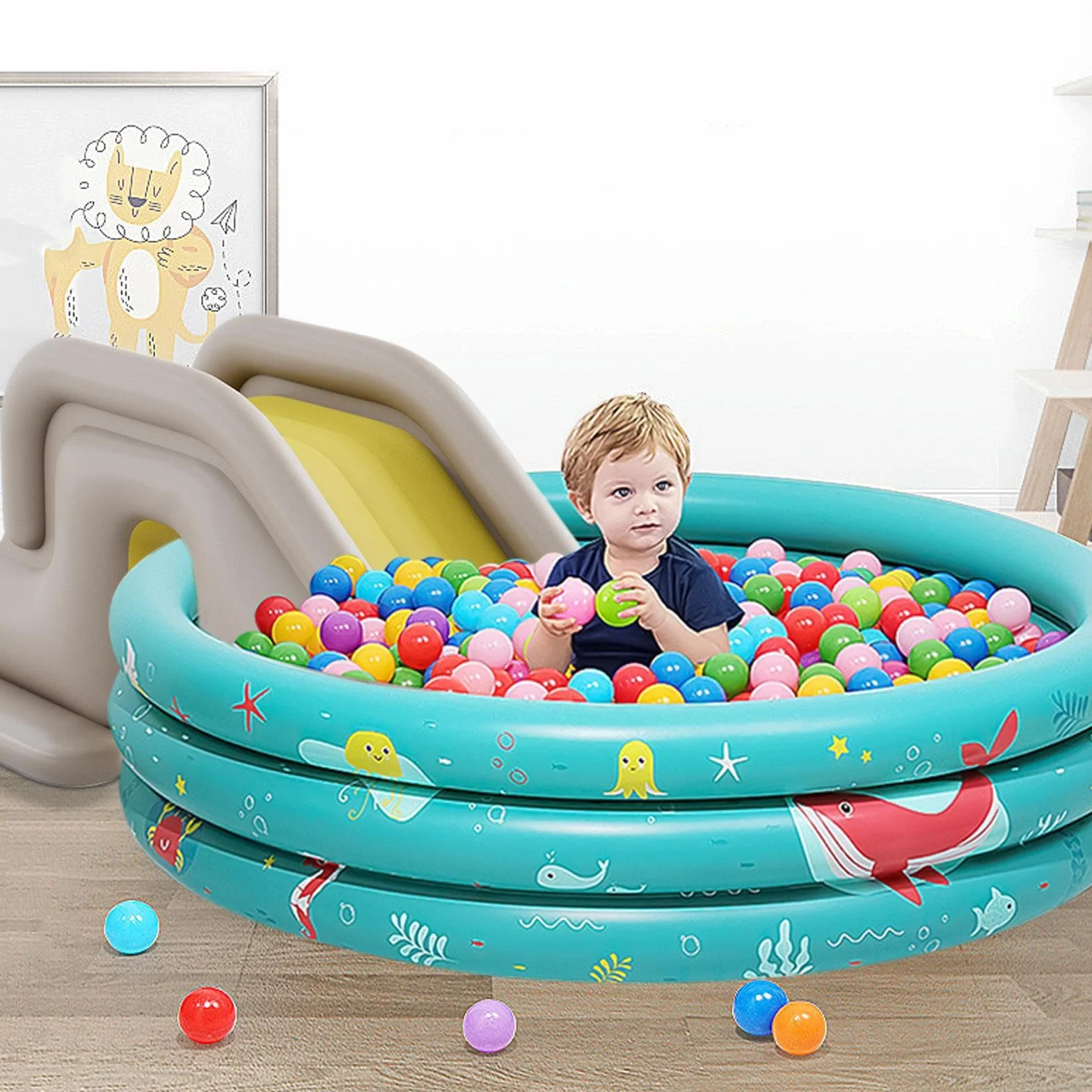 Toboggan Gonflable pour Piscine pour, Toboggan Aquatique avec Pompe À Pied Gonflable, Base Remplissable d'eau, pour Piscines Hors Sol Et Enterrées, 200 X 80 X 85 Cm