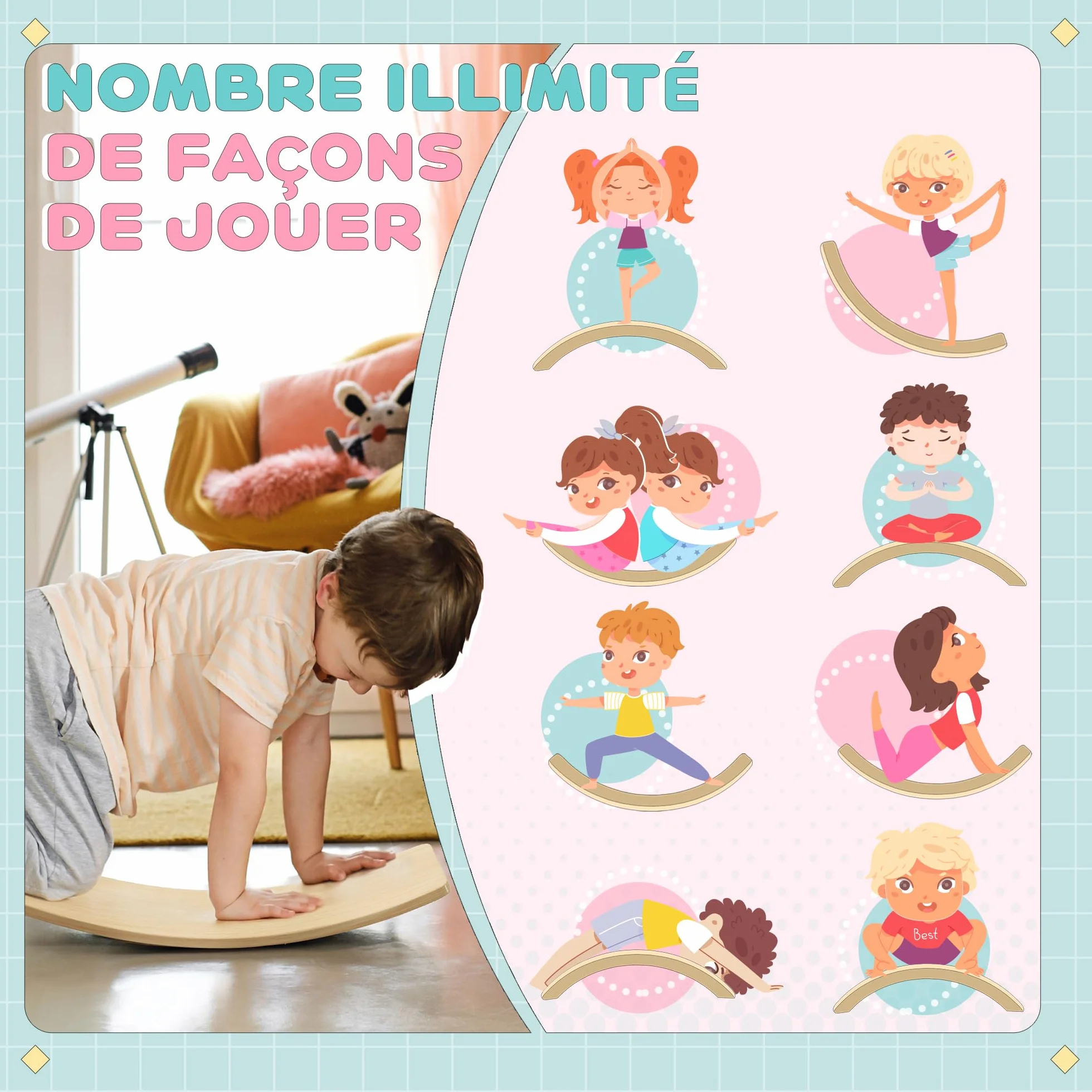 AIYAPLAY Planche d'équilibre pour enfants en bois naturel 90x29x19 cm charge max 50 kg