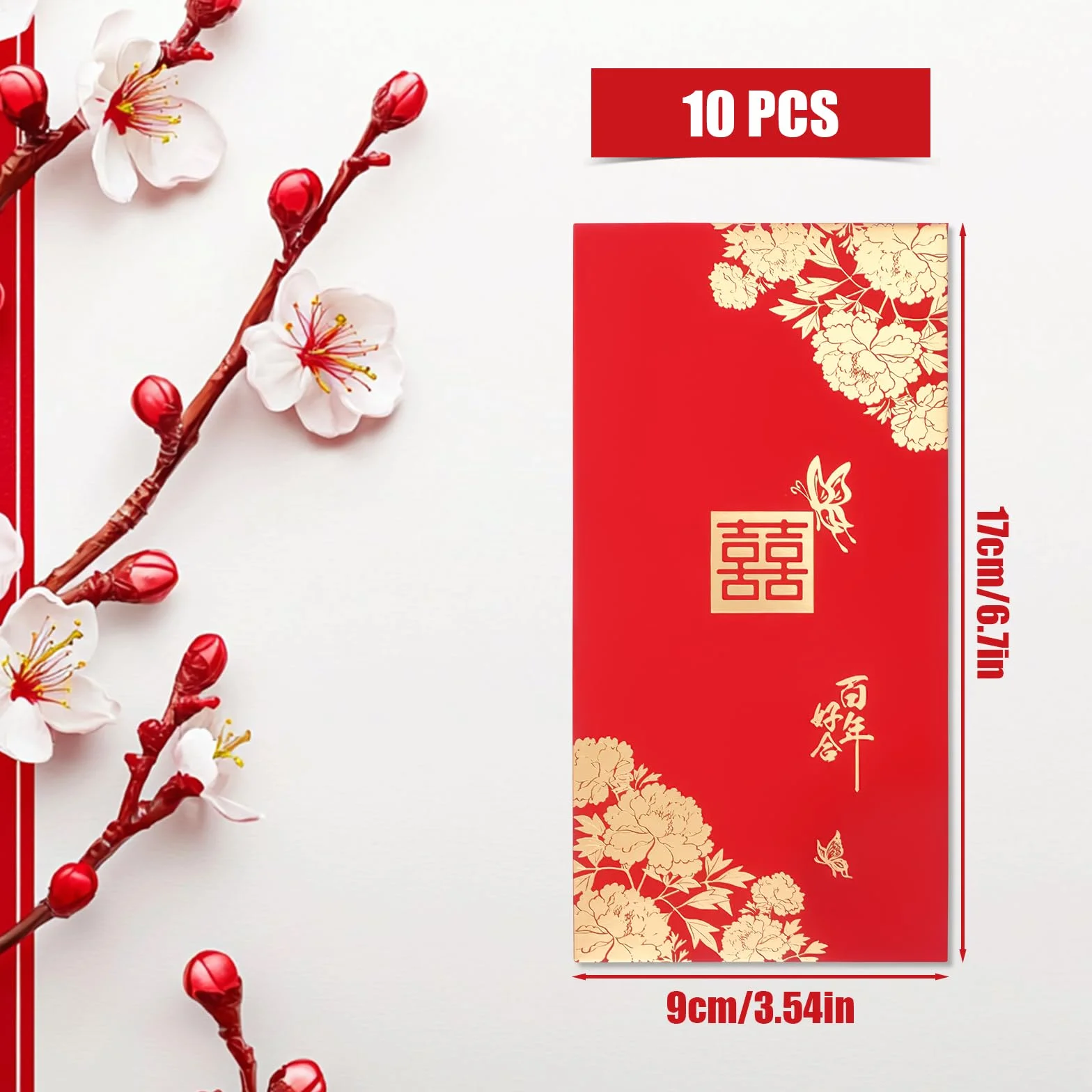 Enveloppes Rouges de Mariage Double Bonheur Hong Bao pour Jeunes Mariés 10pcs
