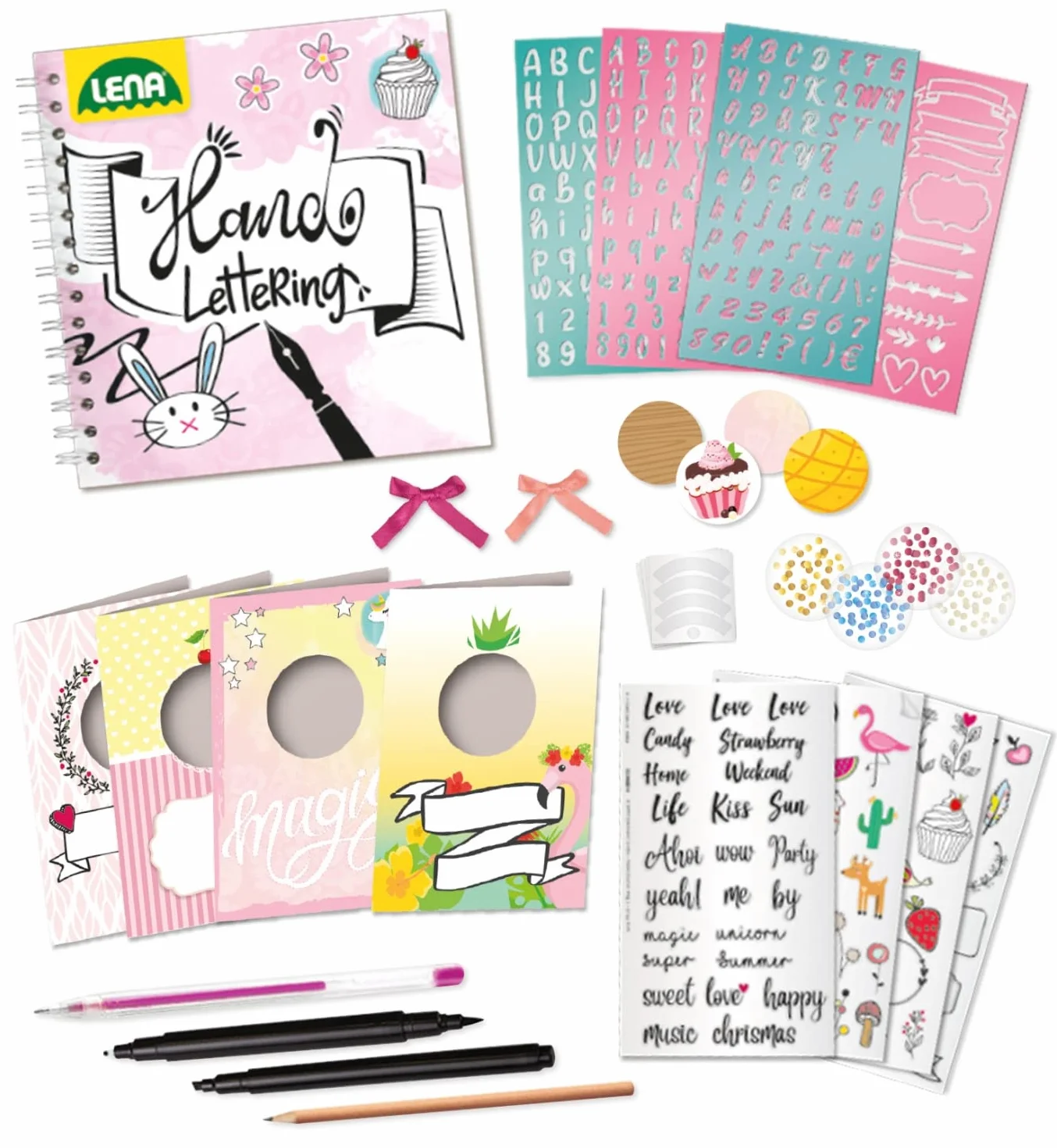 LENA Handlettering Set Grand avec carnet à anneaux, pochoirs de lettres, crayons, autocollants, cartes pliables