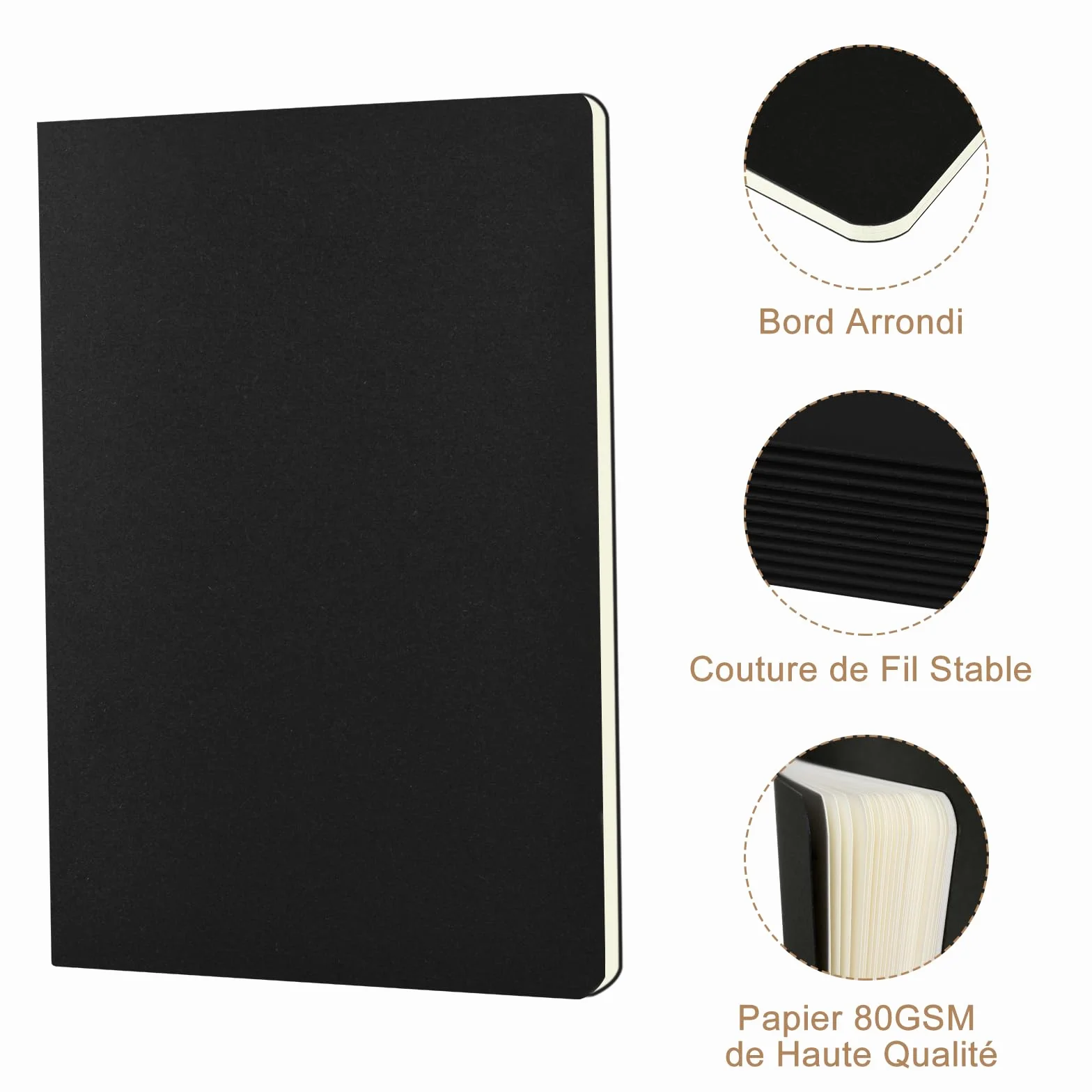 Cahiers A5 Lot de 5 Blocs Carnet de Notes Couverture Kraft Noir 60 Pages