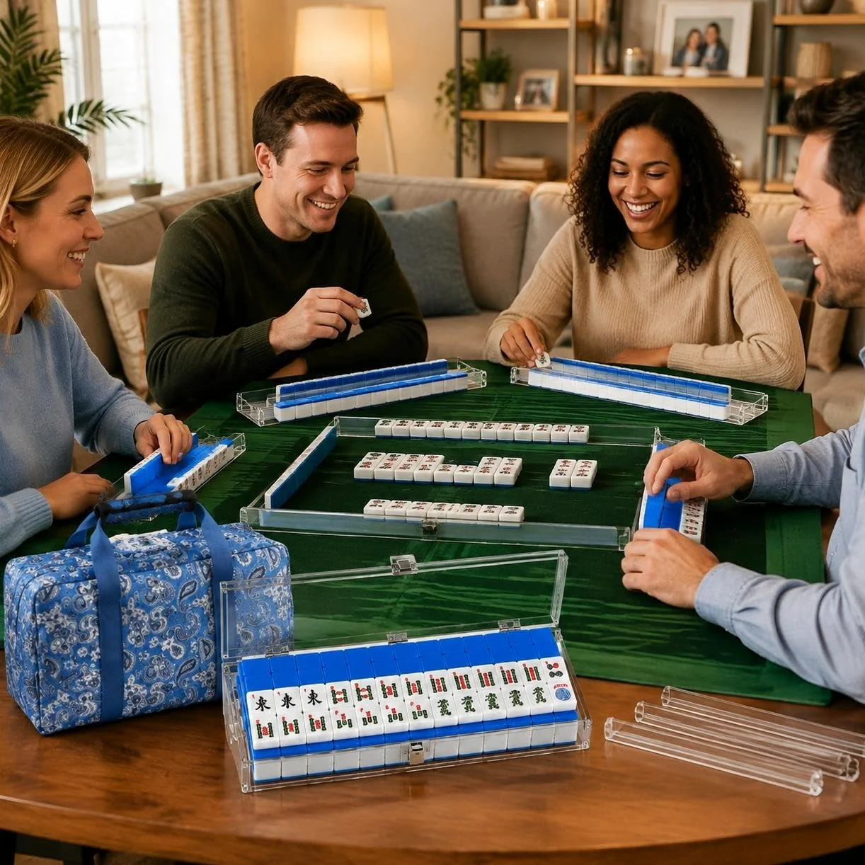 Ensemble Mahjong américain 166 pièces avec Accessoires complets | Ensemble mahjong américain 166 tuiles mélaminées, supports acryliques, étui, sac ; tapis optionnel pour jeux familiaux