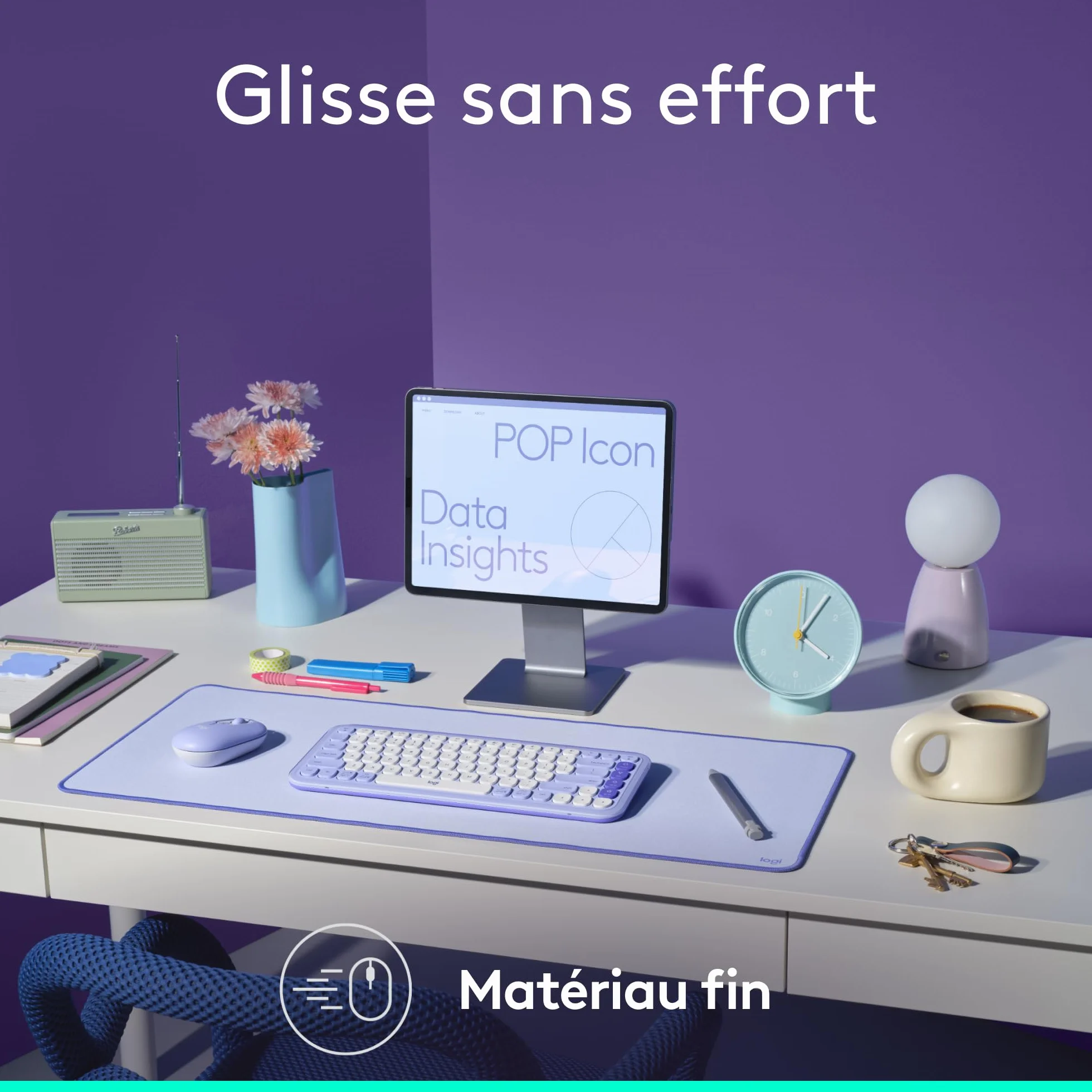 Logitech Tapis de Bureau Studio Large Multifonctionnel Anti-Dérapage Imperméable Lilas