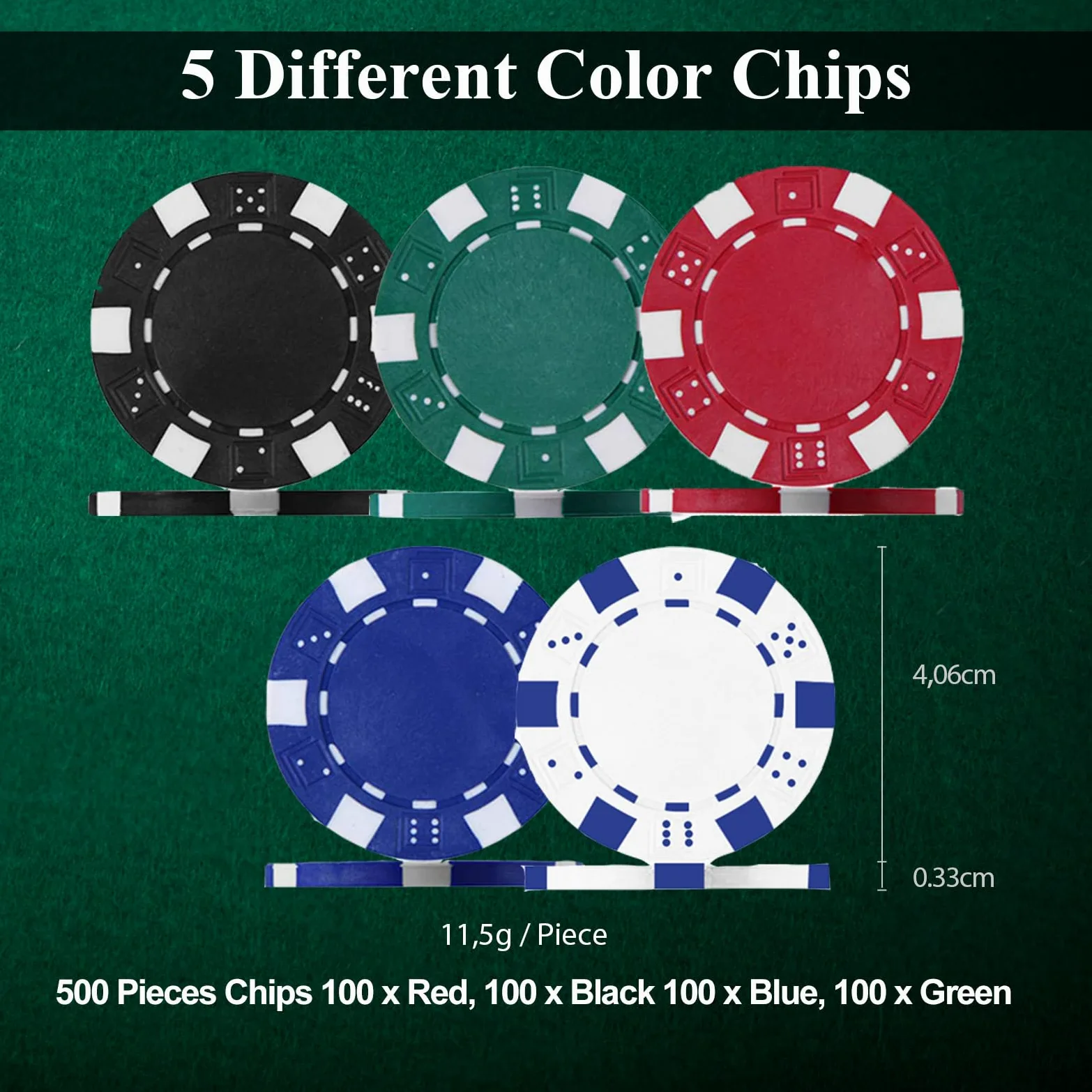HOMASIS Kit de poker avec 500 jetons, valise de poker avec 2 jeux de cartes, 5 dés, tapis de casino, 3 boutons de croupier, mallette de poker verrouillable professionnelle en aluminium, jeu complet de