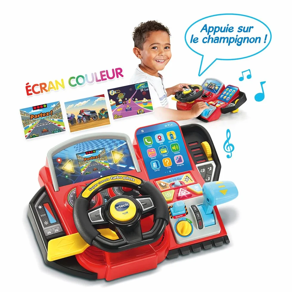 VTech Super Console Turbo Pilote Simulateur de Conduite Écran Couleur Tableau de Bord Courses Voitures Apprentissages Jeux Cadeau Enfant 3-8 Ans Français