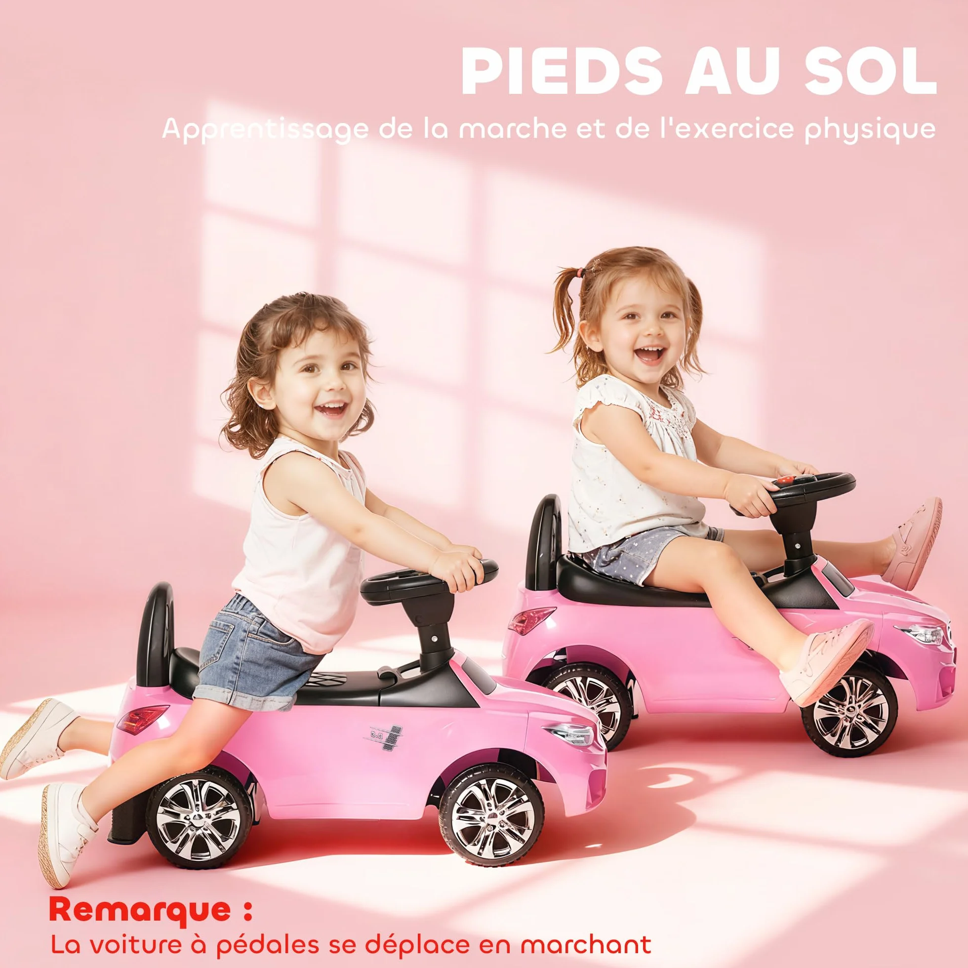 HOMCOM Voiture à Pousser Enfants avec Coffre à Jouets, Klaxon, Phares, Musique, 18-36 Mois, Rose