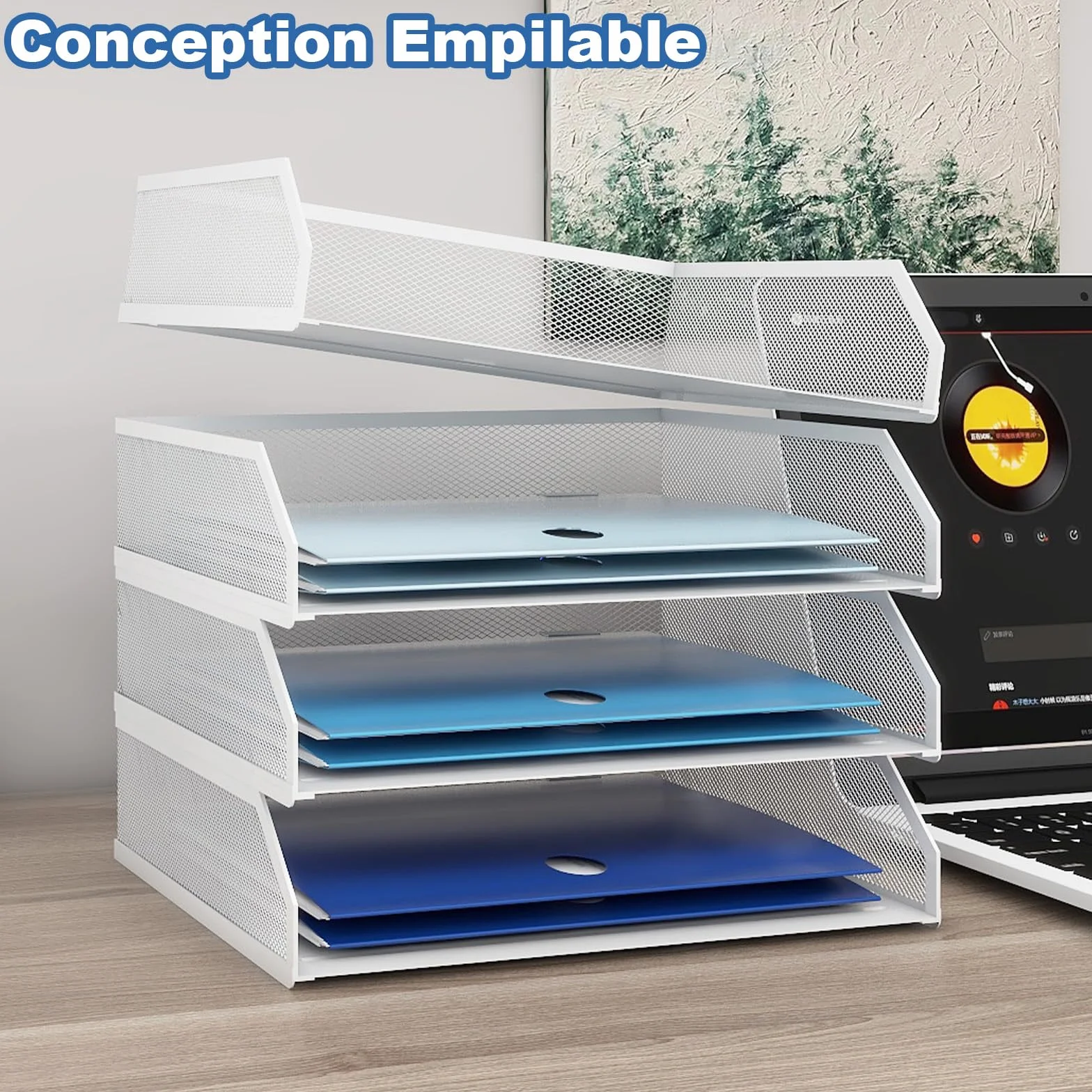 PUNCIA Corbeilles à Courrier Métallique 4 Niveaux Organiseur de Bureau Rangement Documents Blanc