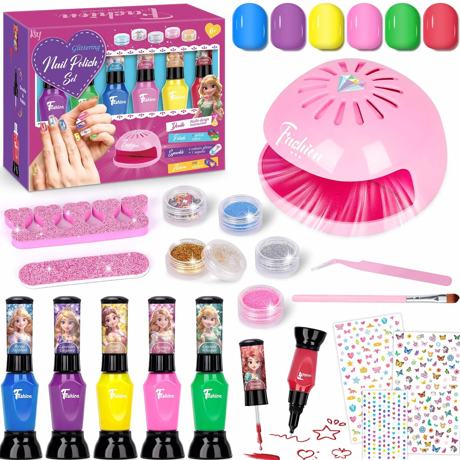 Vernis Enfant à L'eau Non Toxique Peel-off 6 Couleurs Pailleté Coffret Beauté Kit Manucure pour Filles 5-12 Ans