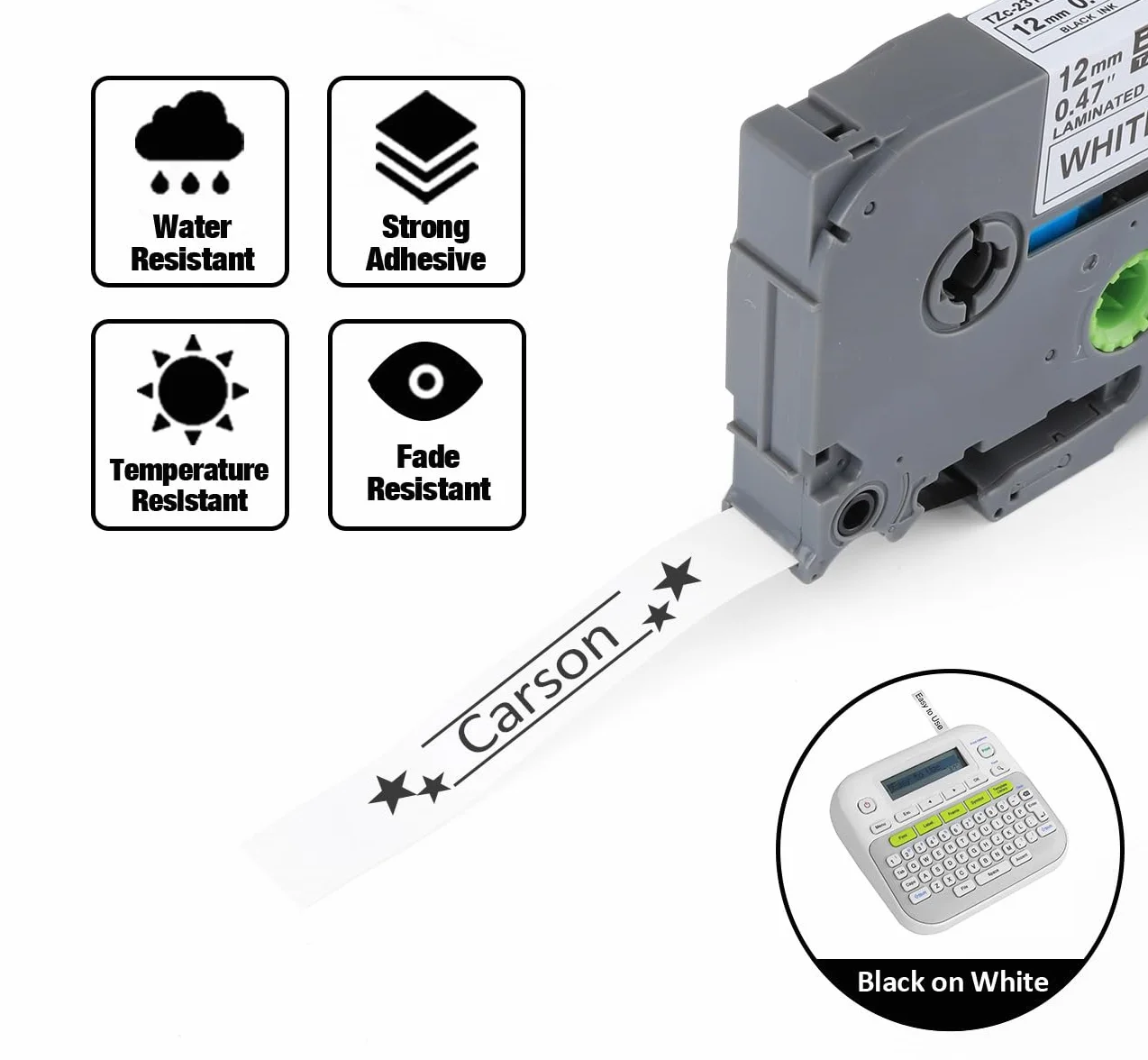 Ruban Étiqueteuse Cassette 12mm x 8m Noir sur Blanc Compatible Brother P-Touch PT-E100 PT-E200