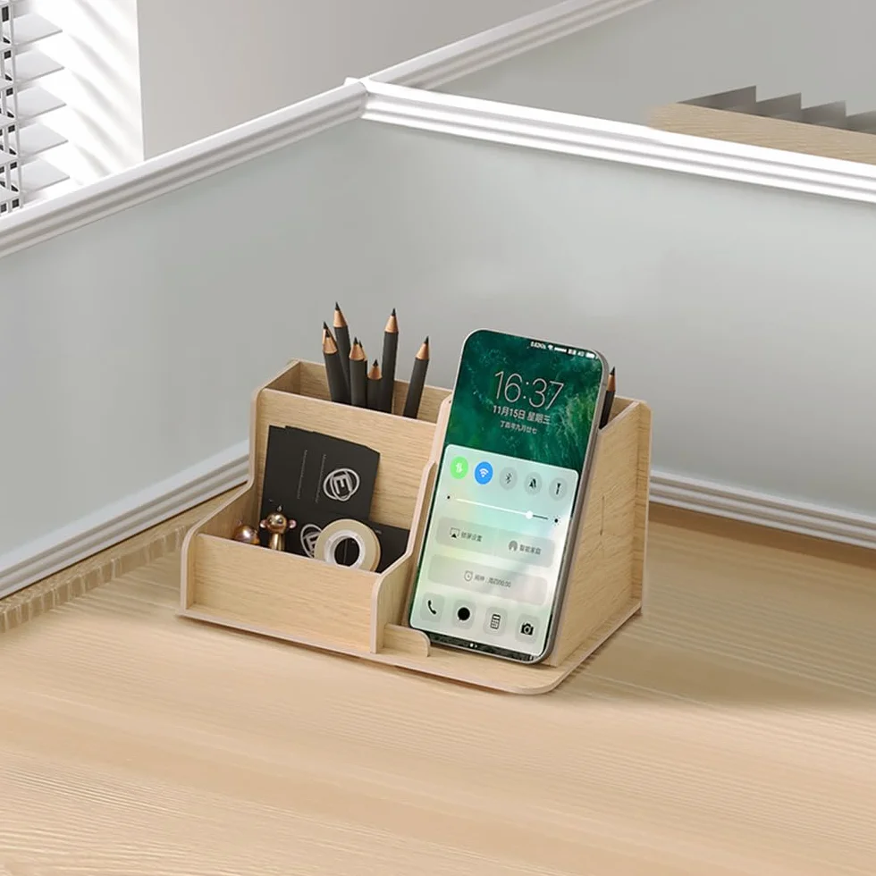 NUODWELL Ensemble de rangement de bureau en bois – Bac à courrier A4 3 niveaux, porte-documents, porte-stylos, organiseur de bureau (chêne)