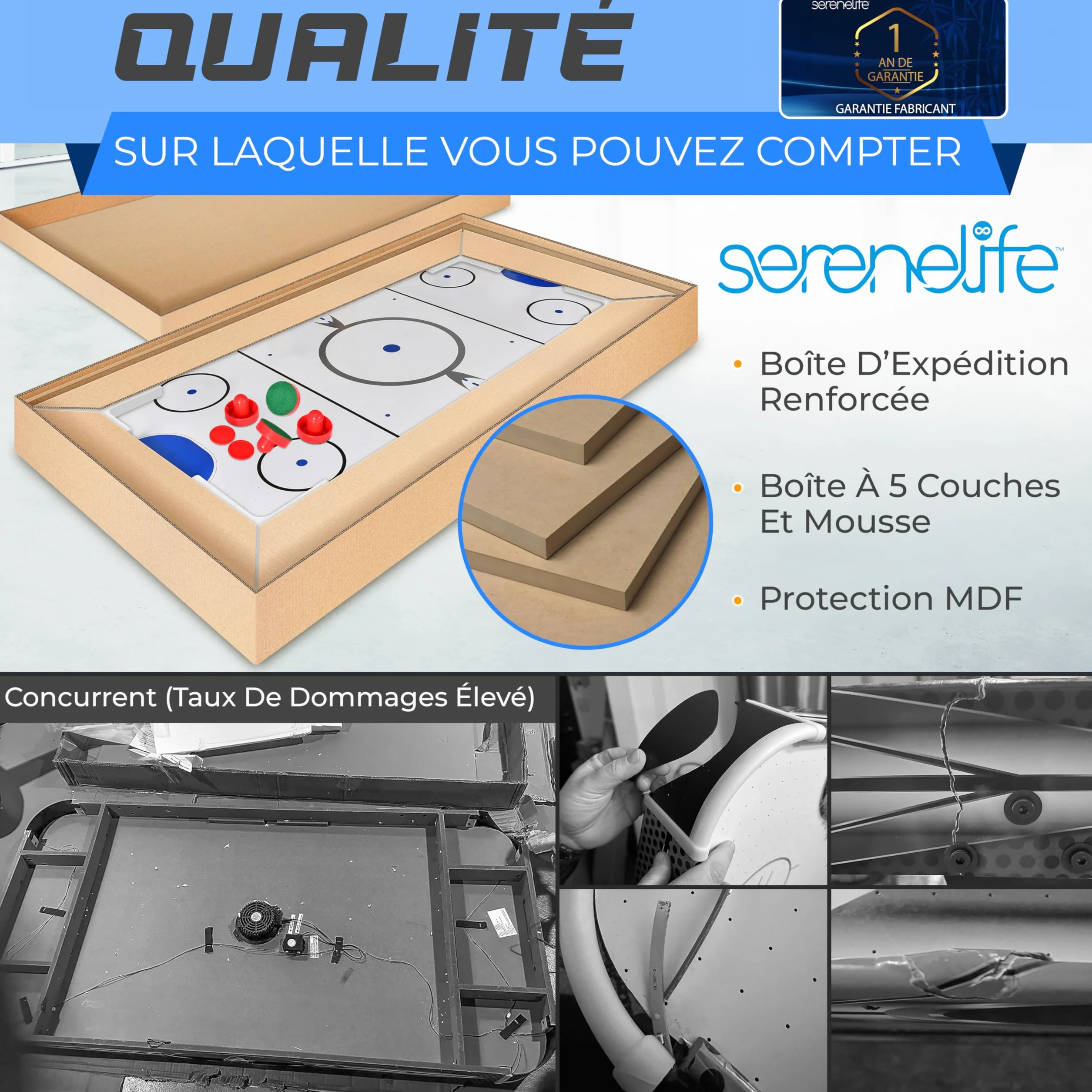 SereneLife Table de Air Hockey avec Soufflerie, Jeu de Hockey sur Table pour Enfants et Adultes avec Palets et Poignées