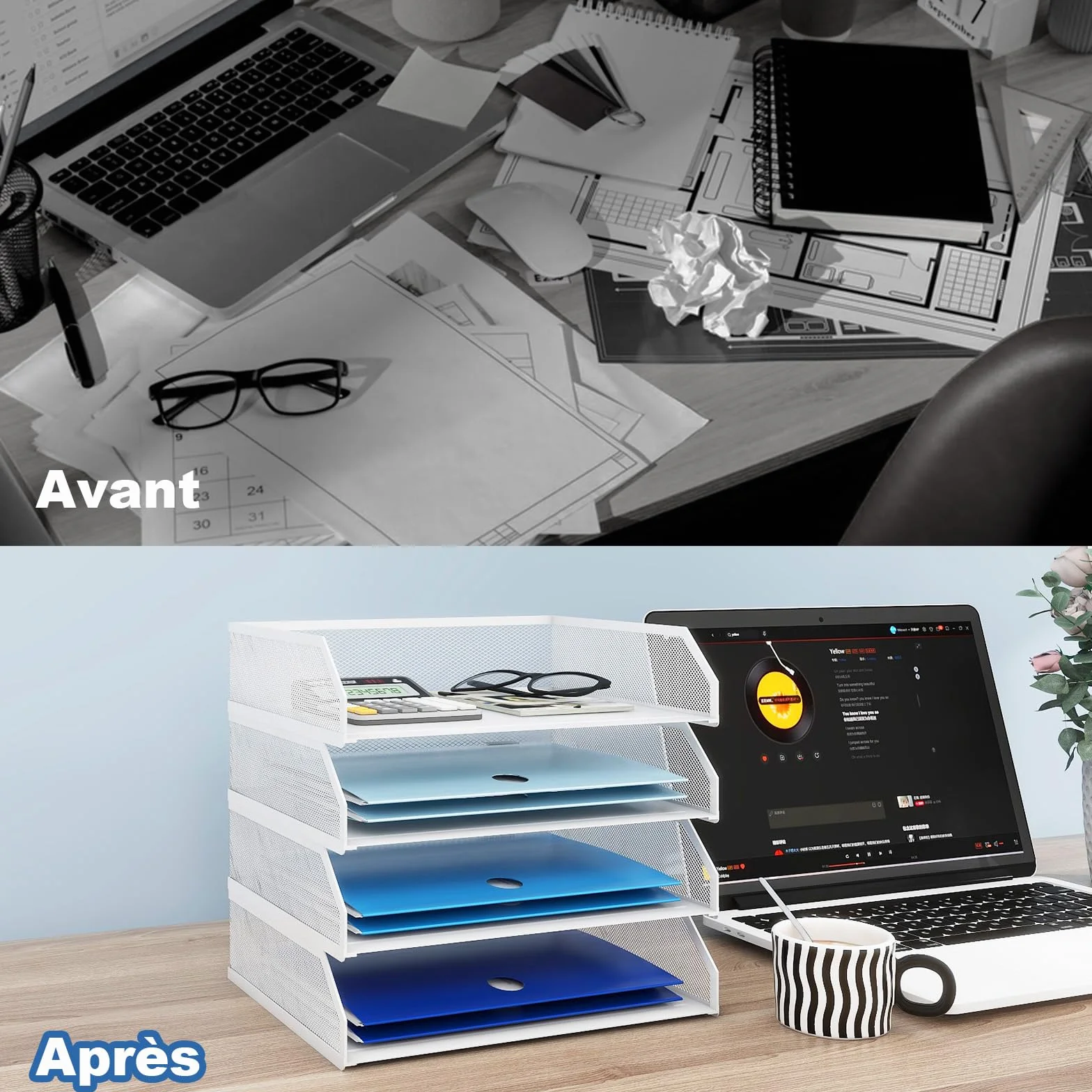 PUNCIA Corbeilles à Courrier Métallique 4 Niveaux Organiseur de Bureau Rangement Documents Blanc