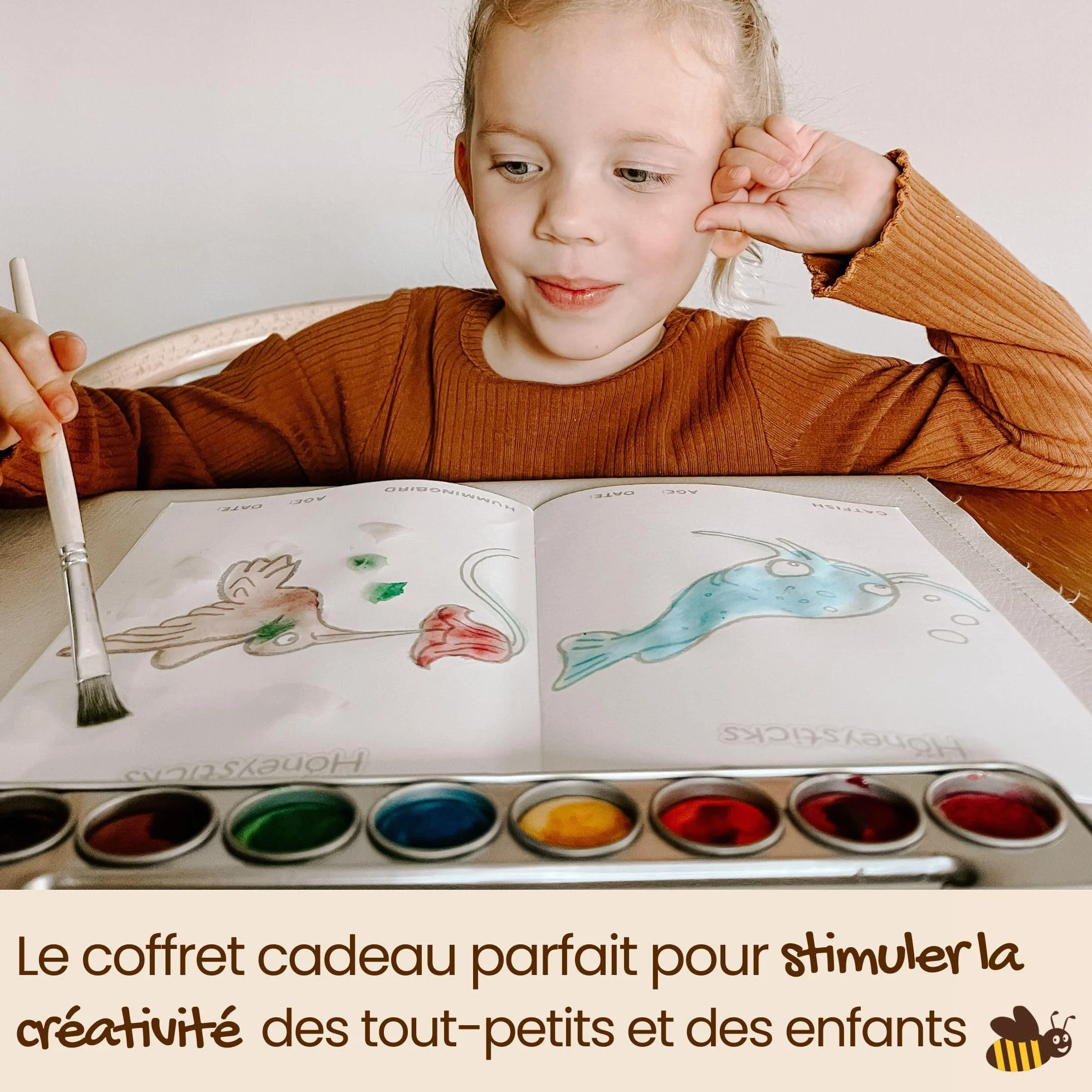 Honeysticks Set de peinture aquarelle non toxique 8 couleurs avec pinceau pour enfants