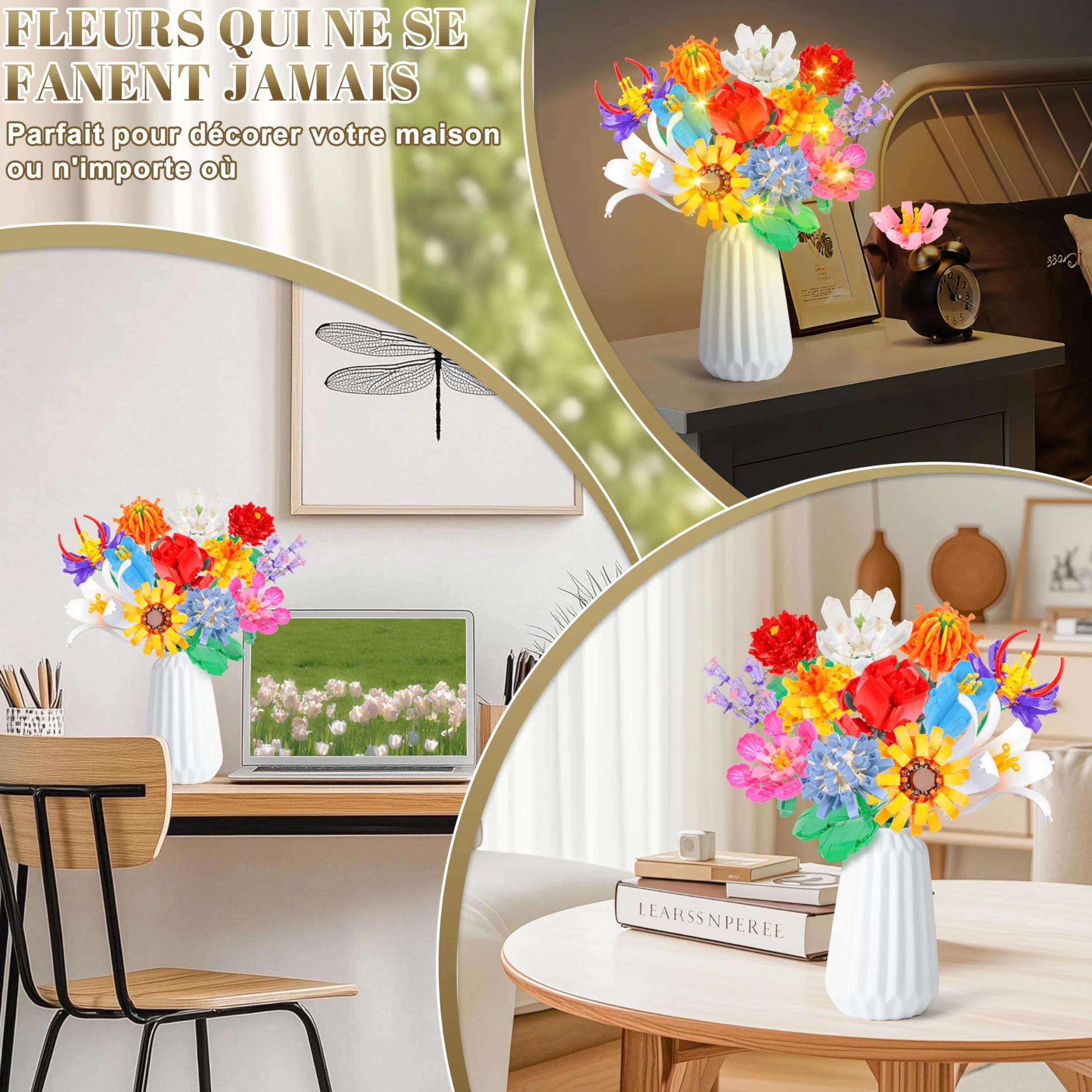 Kit de Construction Bouquet de Fleurs Charmofun, 1064PCS LED Blocs de Fleurs, 12 Types de Bouquets, Cadeau Fête des Mères Anniversaire Noël