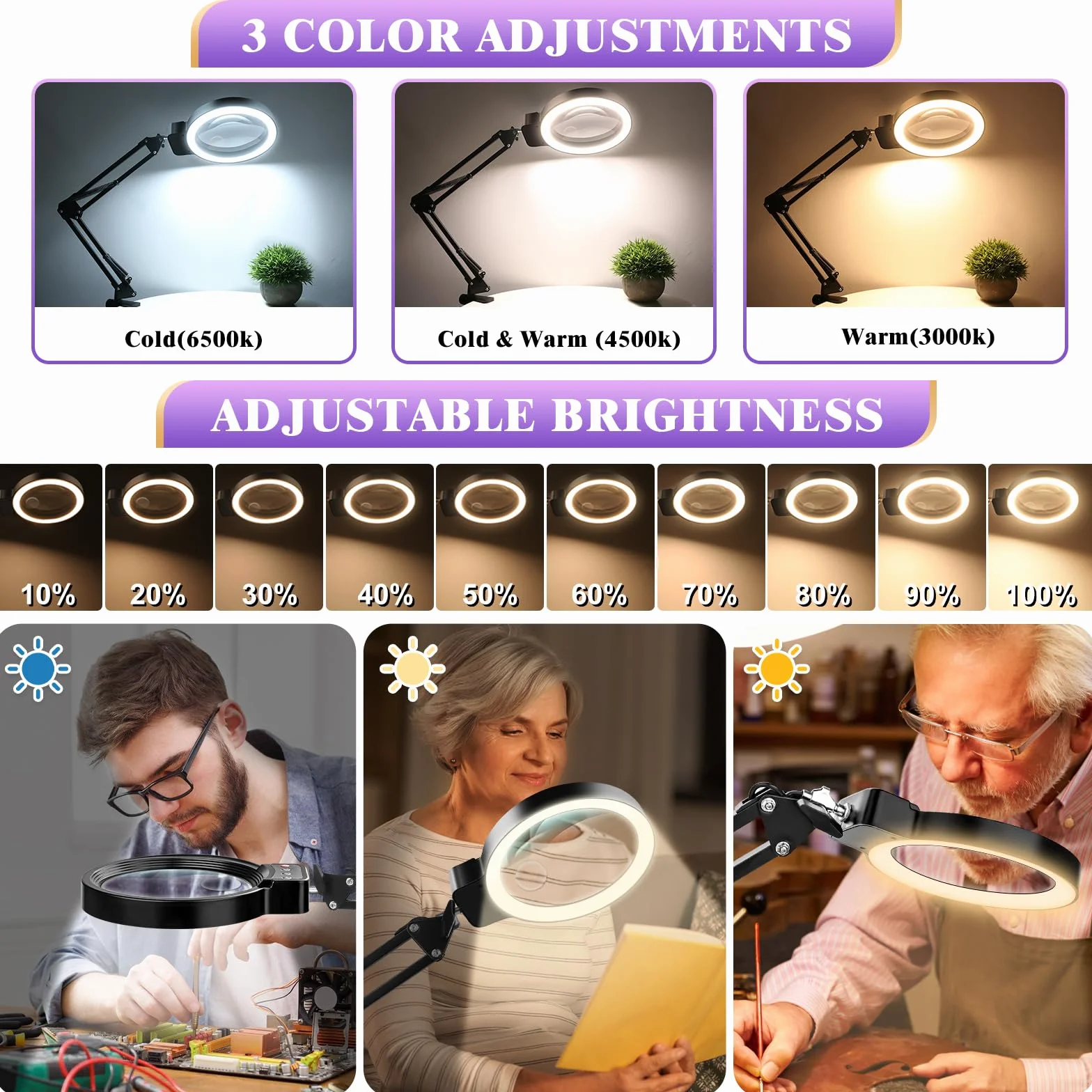 Loupe avec Lumière 36 LED 3 Modes de Couleur Mains Libres pour Lecture Artisanat