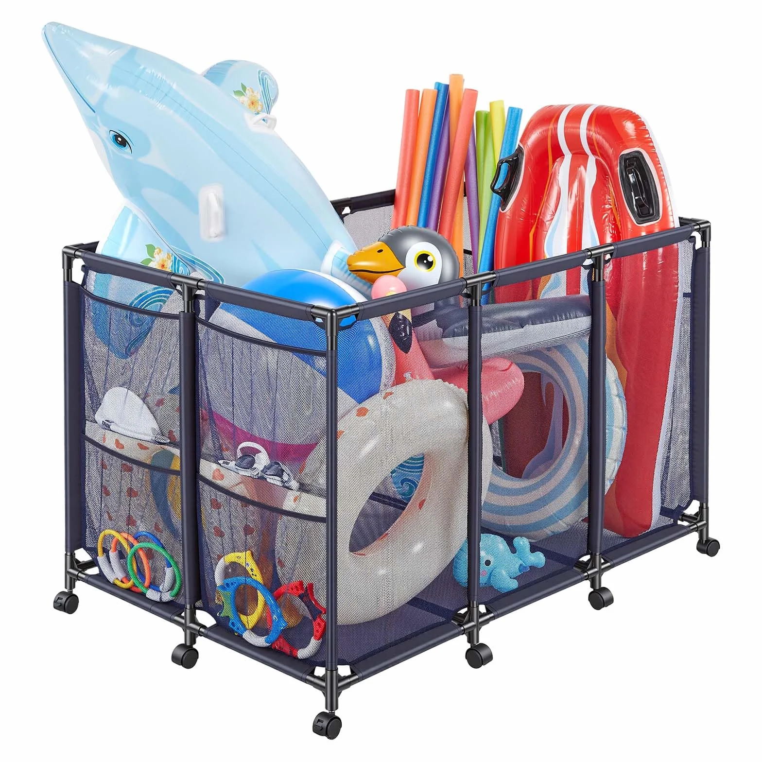 VEVOR Panier Rangement Flotteurs Piscine 125x84x84 cm Bac Stockage Bouées Maille avec Roulettes Poches Latérales Cadre Métal
