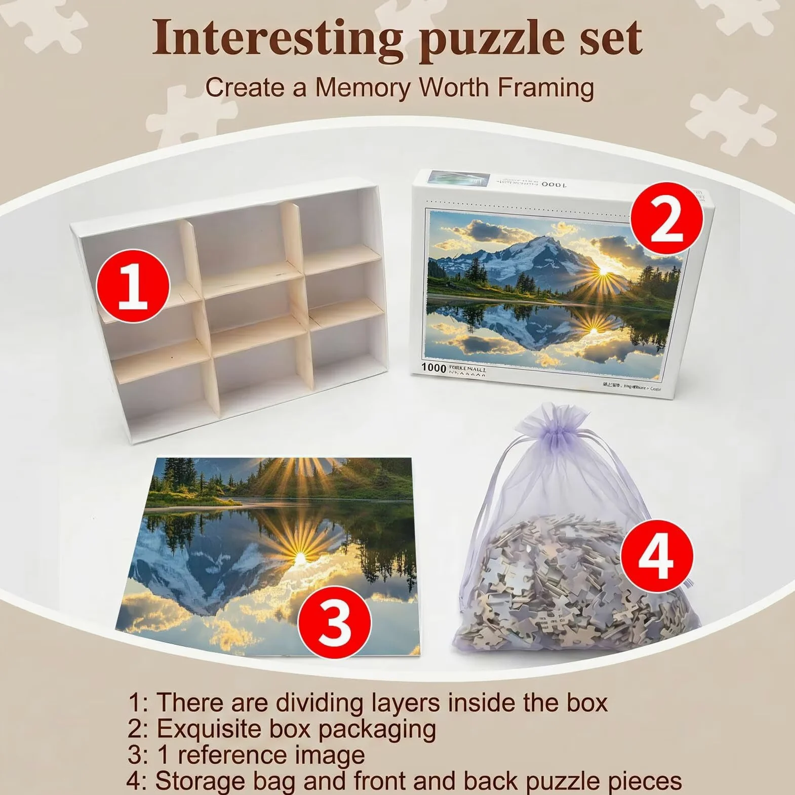Paysage Coucher Soleil Puzzle 1000 Pièces pour Adultes, Format 75 x 50 cm, Challenge Casse-Tête de Famille, Loisirs Créatifs et Relaxation, Pièces Robustes avec Lettres au Dos, Décor Murale f0-525