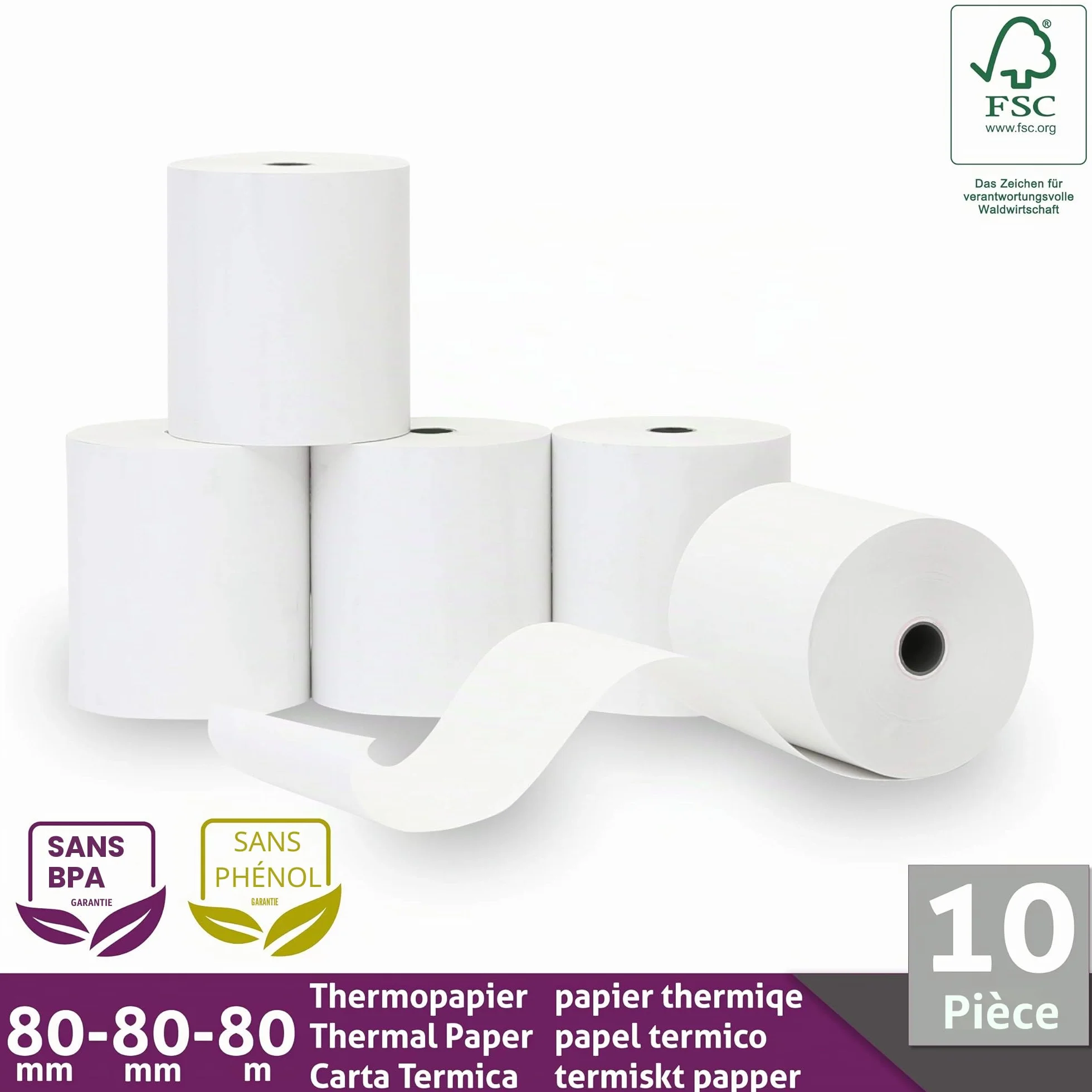 Rouleau Thermique 80x80x12 Bobine 80x80 pour Imprimante Thermique 80mm x 80m x 12mm Sans BPA 10x