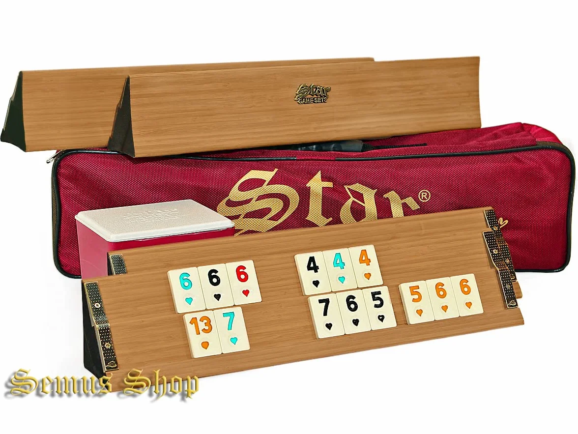 Kit de jeu Okey/Rummy de qualité supérieure - Bois massif - Pions en mélamine - Sac de transport rembourré - 104 pierres + 2 jokers + dés (clair)