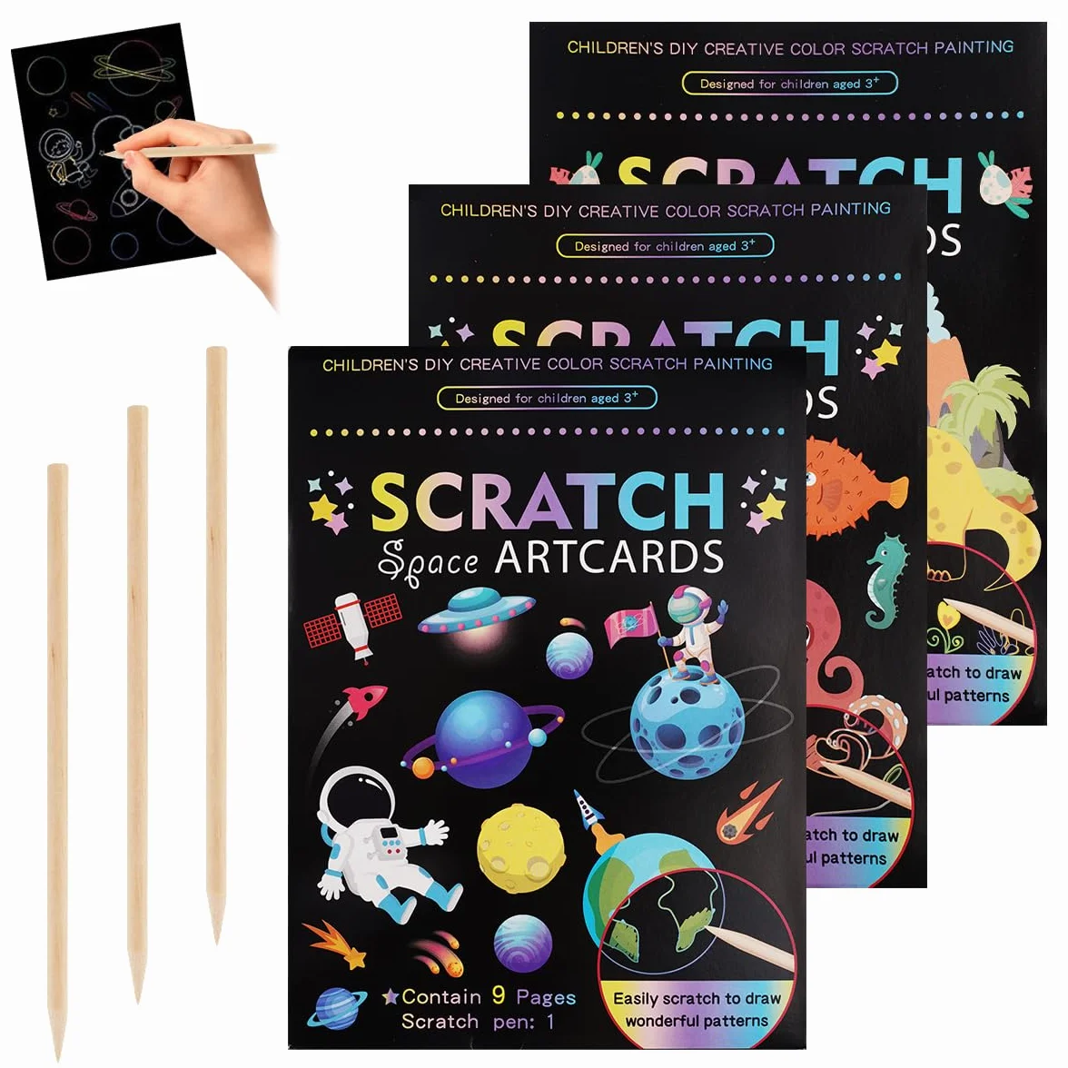 Scratch Art Kit Lot de 3 Carte a Gratter avec Stylets en Bois pour Enfants Adulte 18.5x13.5cm