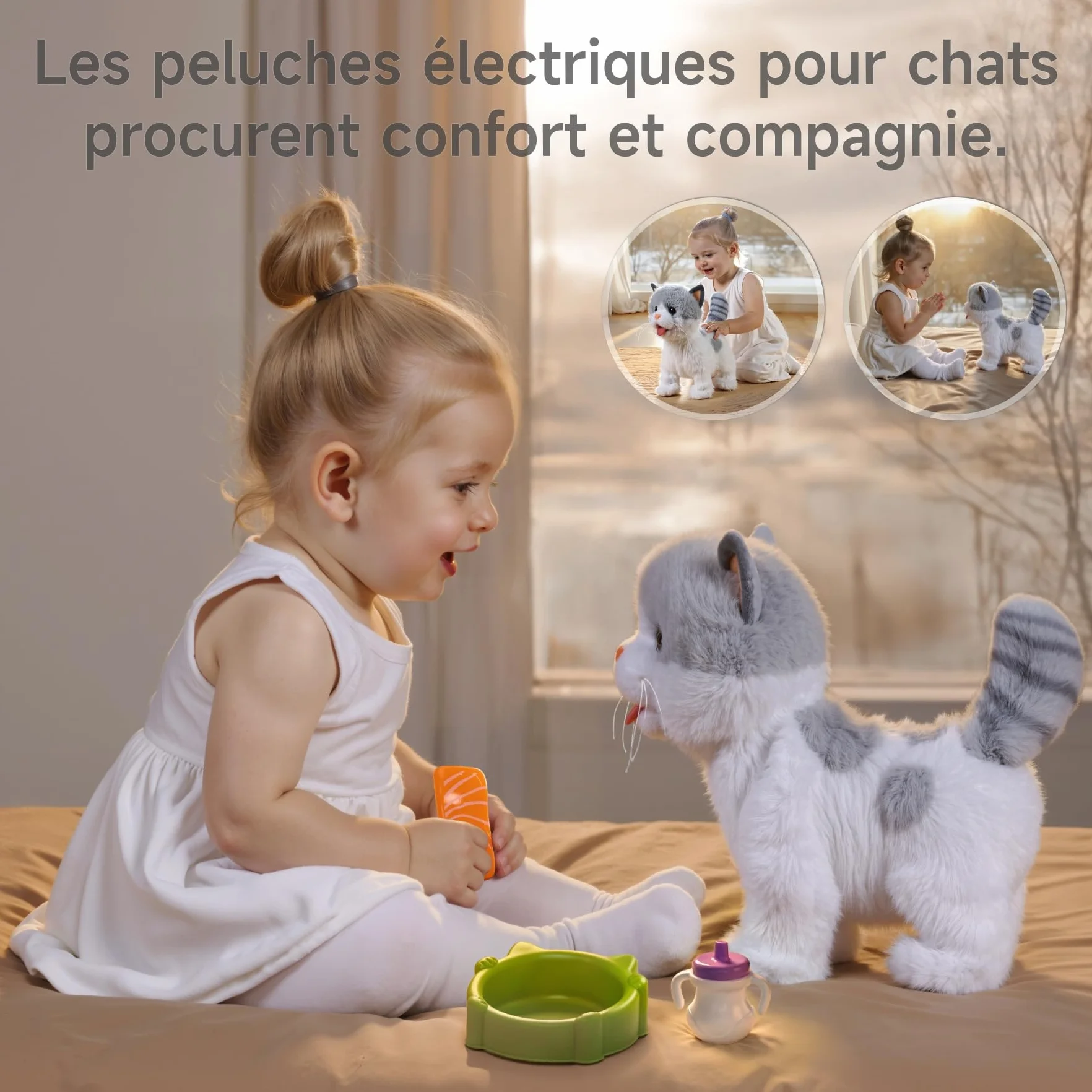 Peluche Chat Interactif Enfant, Animaux Électronique Qui Marche et Aboie, Jouet pour Enfants 3-7 Ans Cadeau Fille Garçon