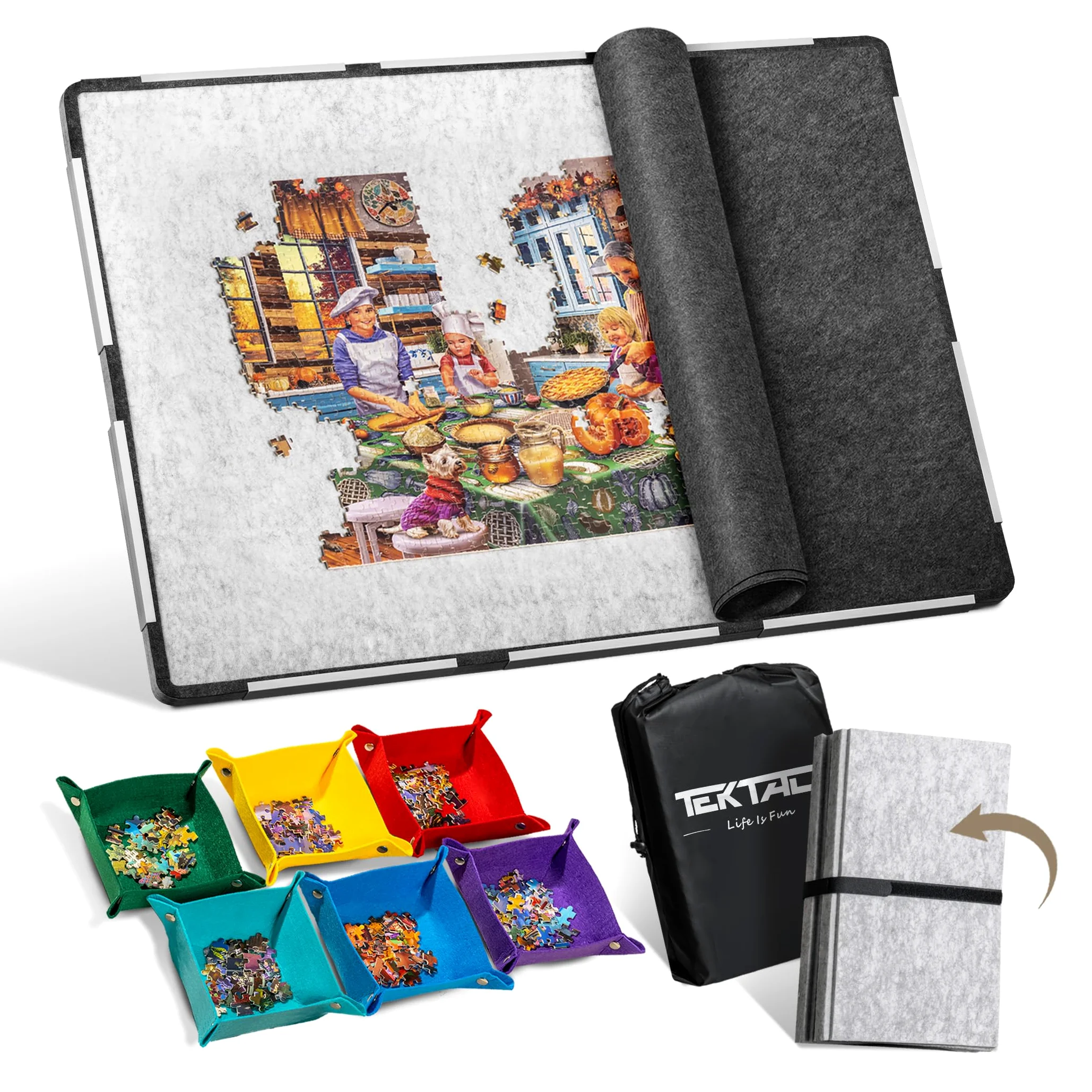 Tektalk Planche à Puzzle Pliable de 2 000 pièces en Feutre, Puzzle Jigsaw avancé pour Adultes, avec 6 Plateaux de tri colorés et Housse de Rangement en Feutre