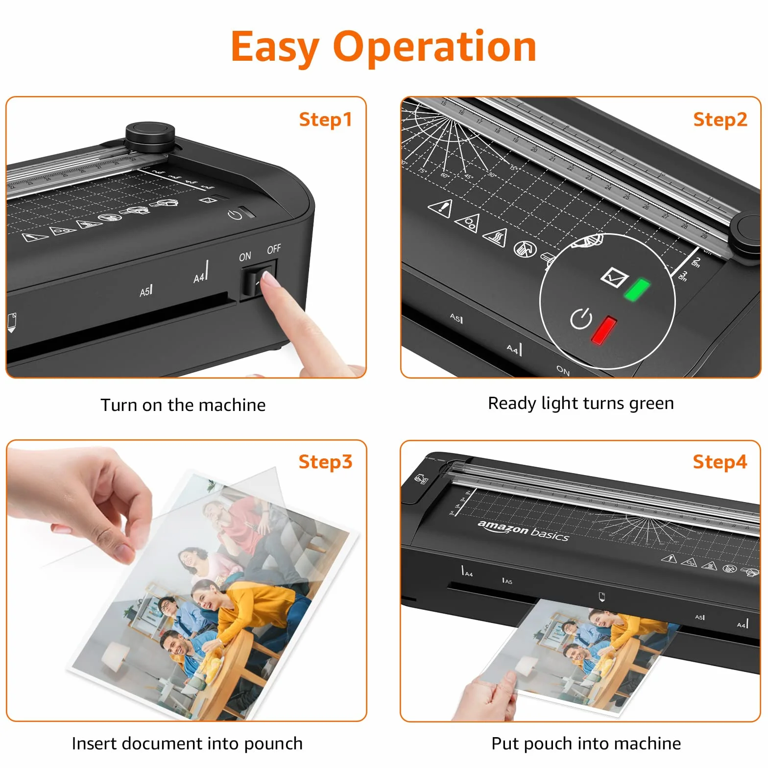 Amazon Basics Plastifieuse thermique A4 3 en 1, découpage, perforage, arrondi coins, 10 pochettes, Noir