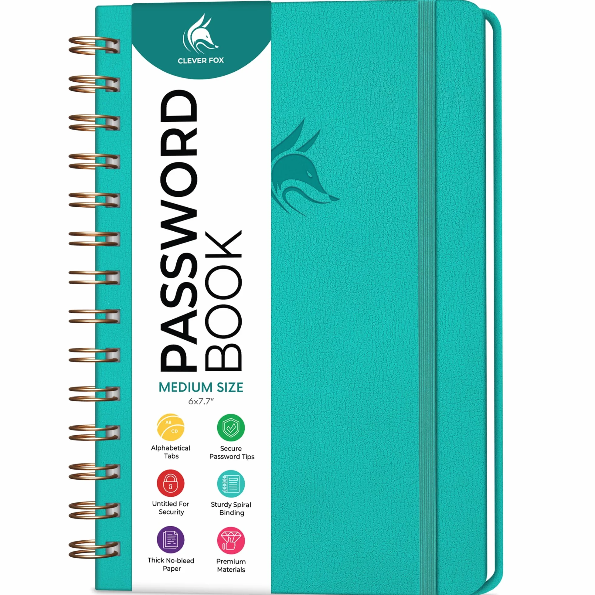 Clever Fox Carnet de mots de passe à spirale 15,5 x 19,6 cm turquoise