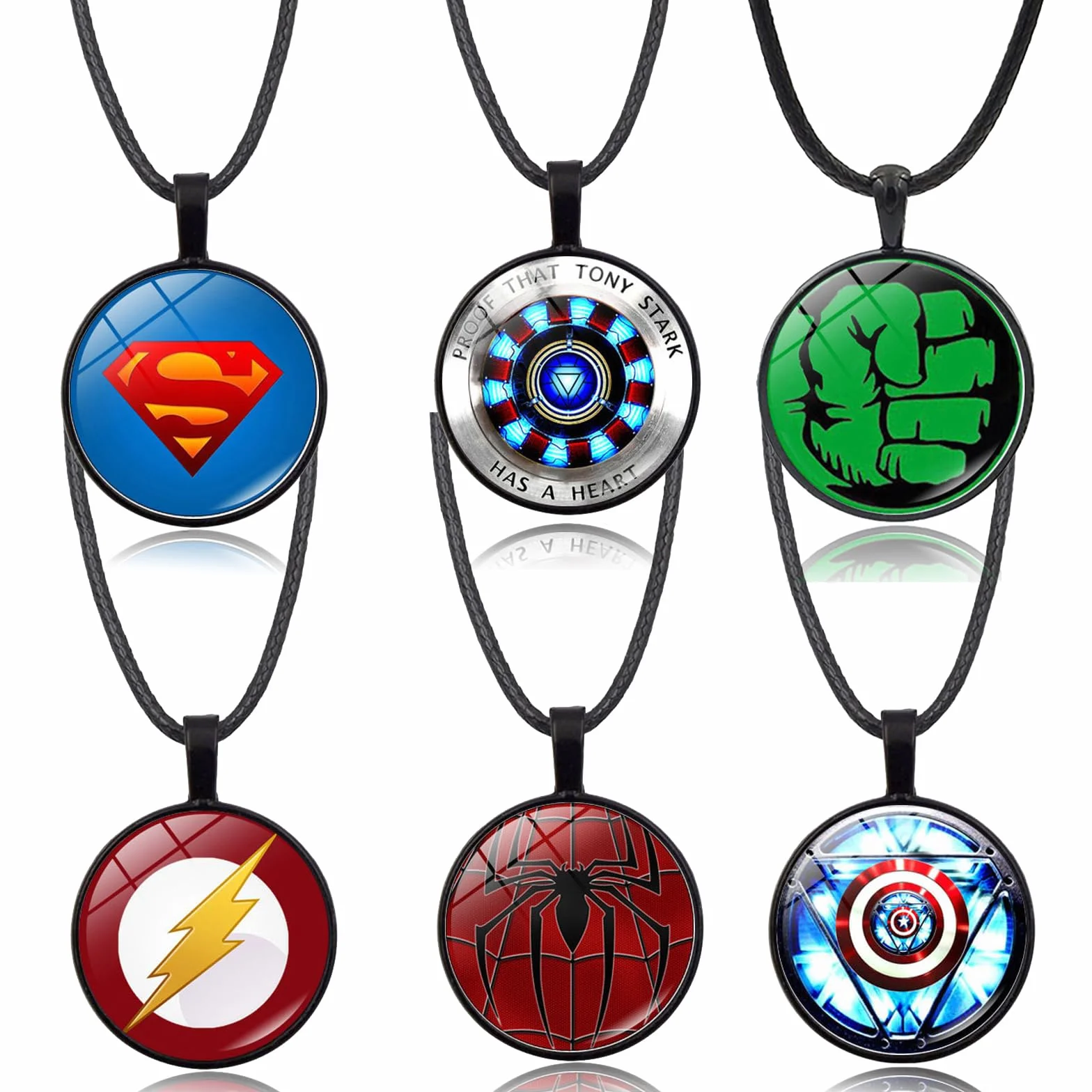 Ensemble De Collier Anime Iron Man Tony Stark Reacteur Hulk Spider Verre Incurve Convexe Rond Pendentif 6 Pieces