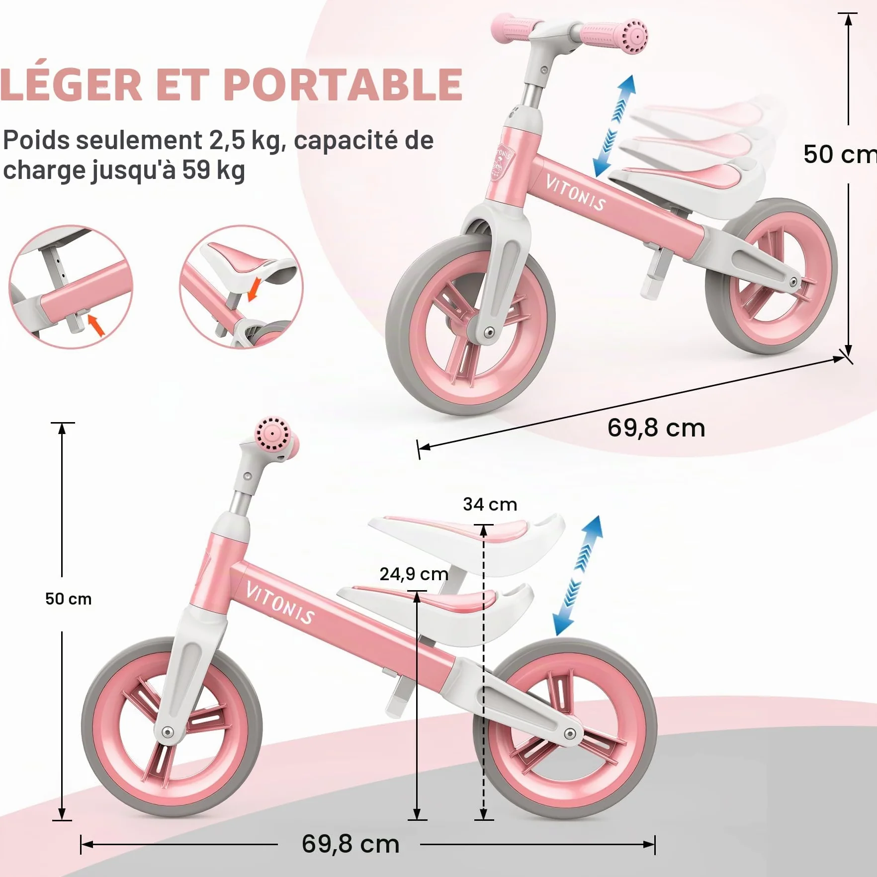 Draisienne Enfants 1.5-4 Ans 25 kg Volant Selle Réglables Antivol Direction Vélo d'Équilibre pour Garçons Filles
