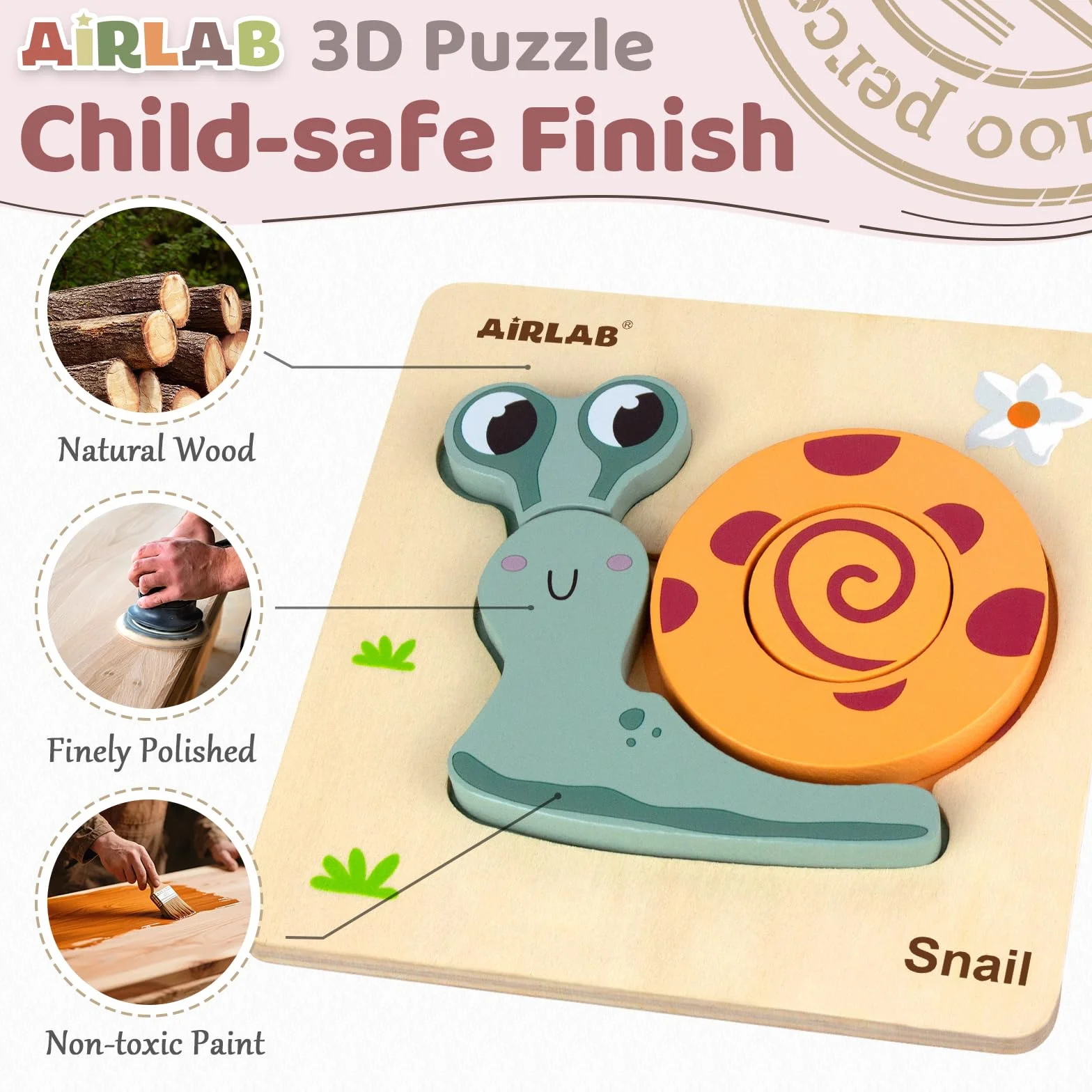Airlab Puzzles Bois Bébé 1-4 Ans, Casse-têtes Jardin 3D avec Cadre et Sac, Jouet Éducatif Montessori