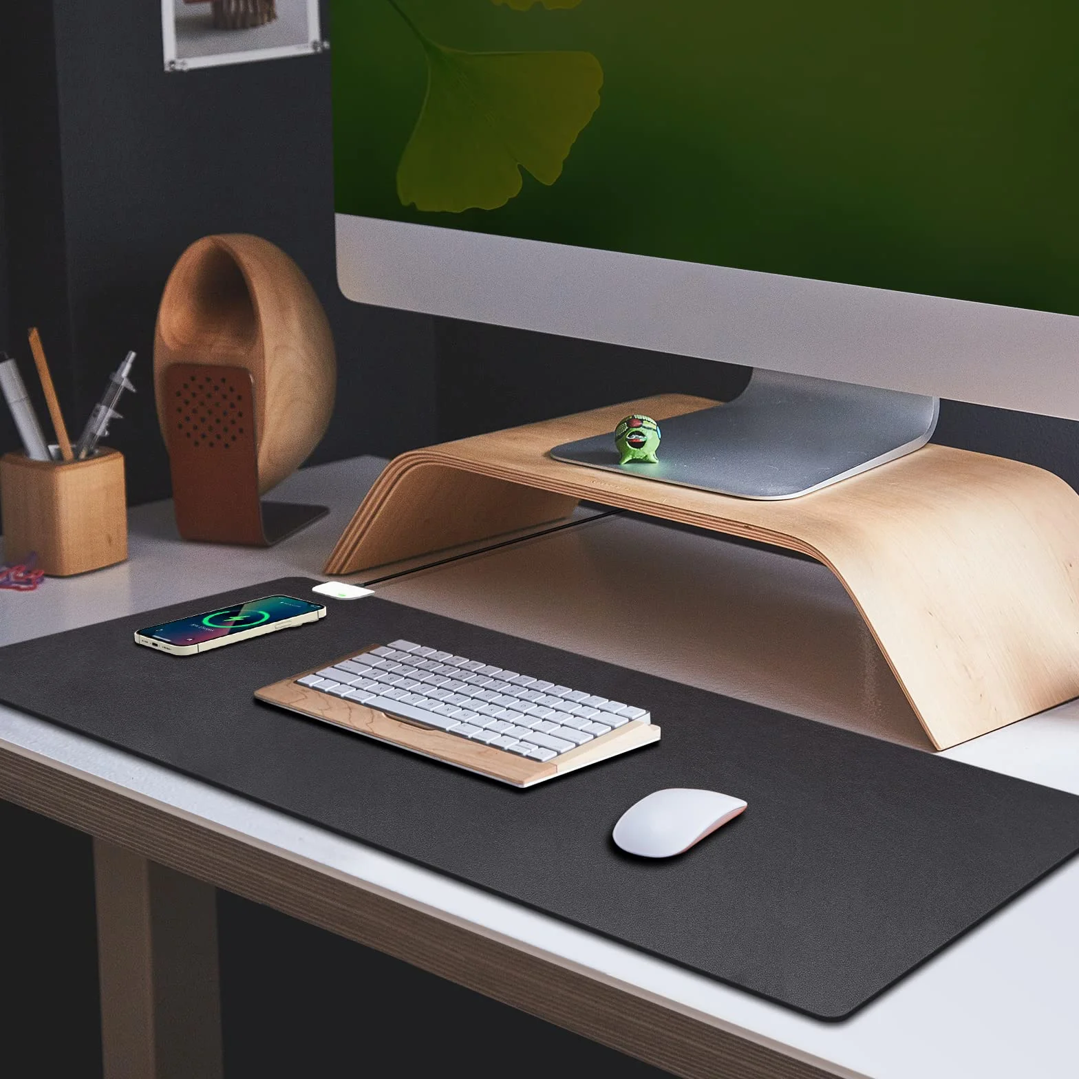 GORESE Sous-main Bureau en Cuir PU avec Charge rapide sans fil 10W, Tapis Bureau Tapis de Souris étanche antidérapant 90x42 cm Noir