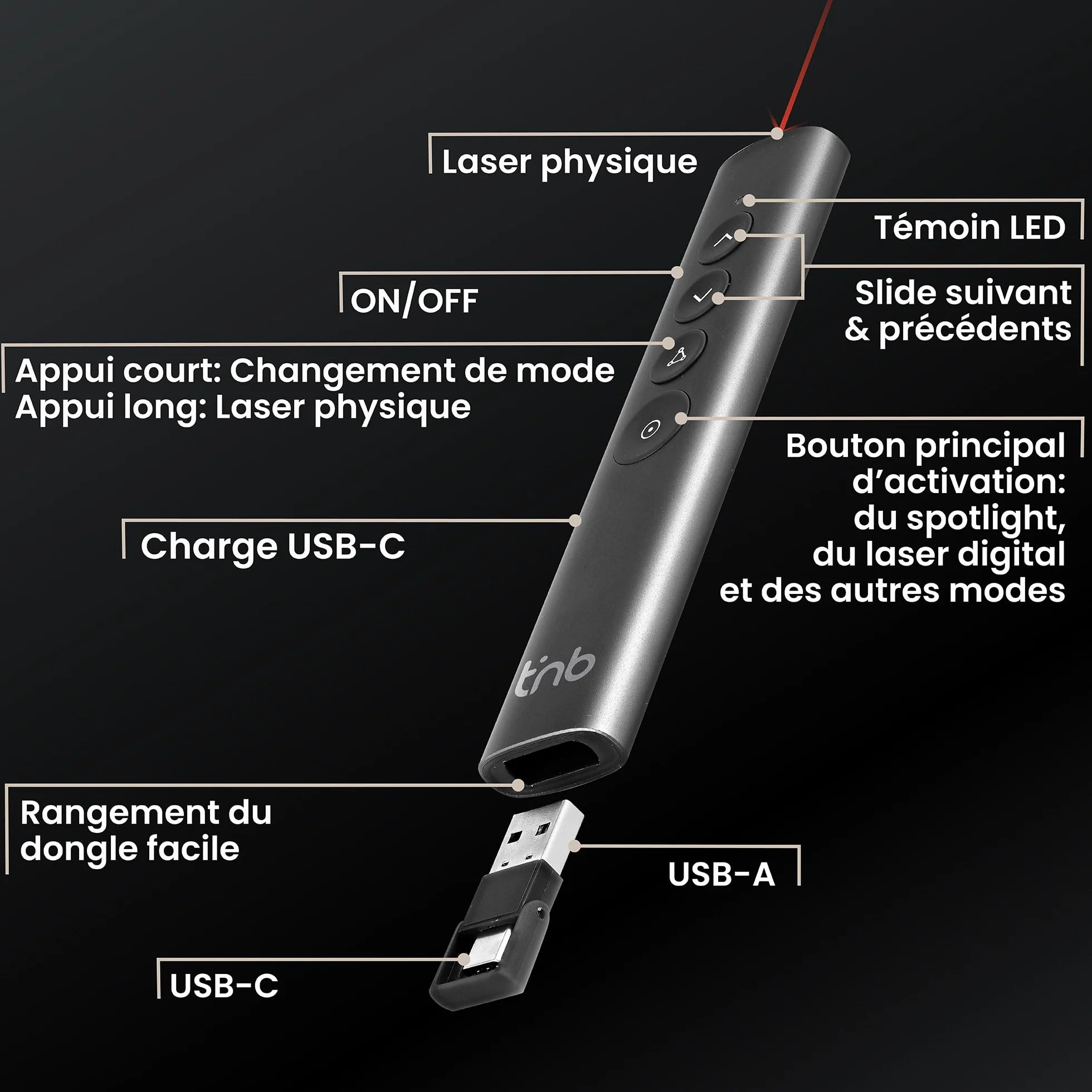 T'nB Télécommande de présentation Spotlight Rechargeable Aluminium Gris