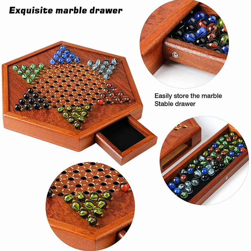 Jeu de Dames Chinoises en Bois, Planche en Bois Naturel, Jeu Familial Hexagonal pour 6 Joueurs, Jouet de Voyage (comme indiqué)