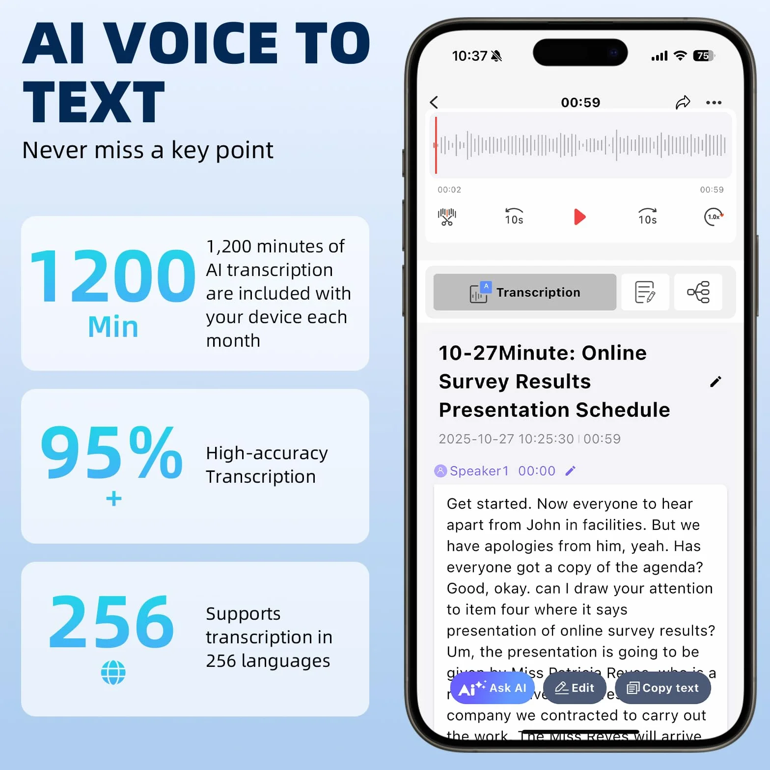 Enregistreur Vocal AI 64GB Professionnel Portable avec Transcription et Résumé, 256 Langues, Contrôle par Application