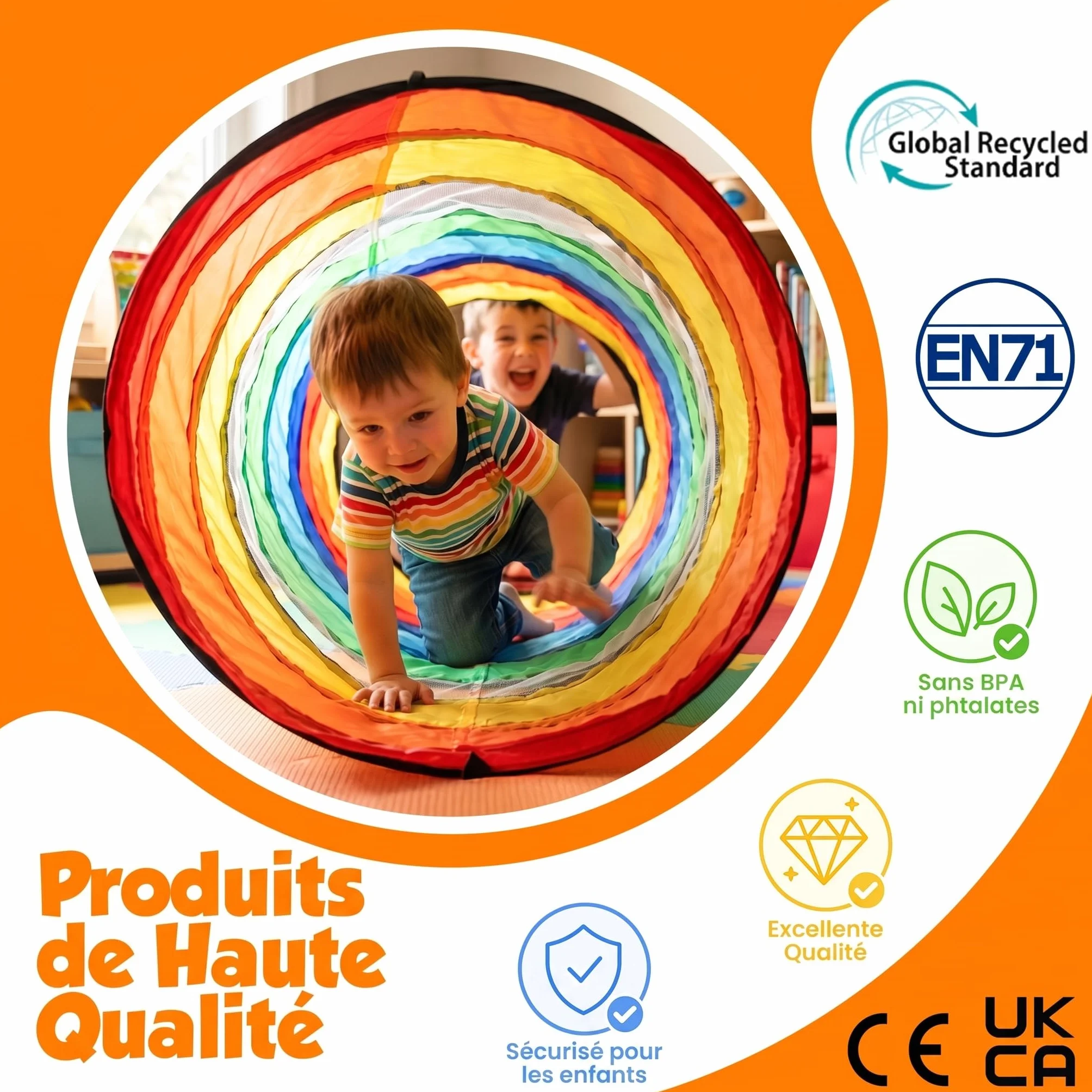 Tente de Jeux Tunnel Enfant 180 cm - Pliable Pop-up Exterieur Interieur avec Côtés en Maille - Parcours Motricité Bébé Cadeau