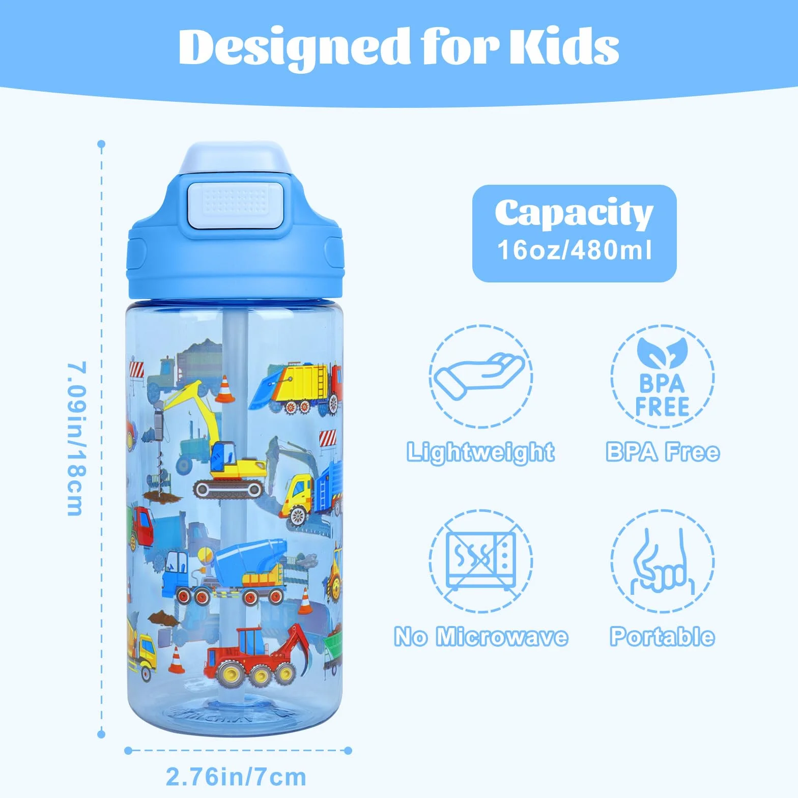 Gourde Enfant Anti-Fuite 480ml avec Paille et Poignée Sans BPA Bouteille Sport École