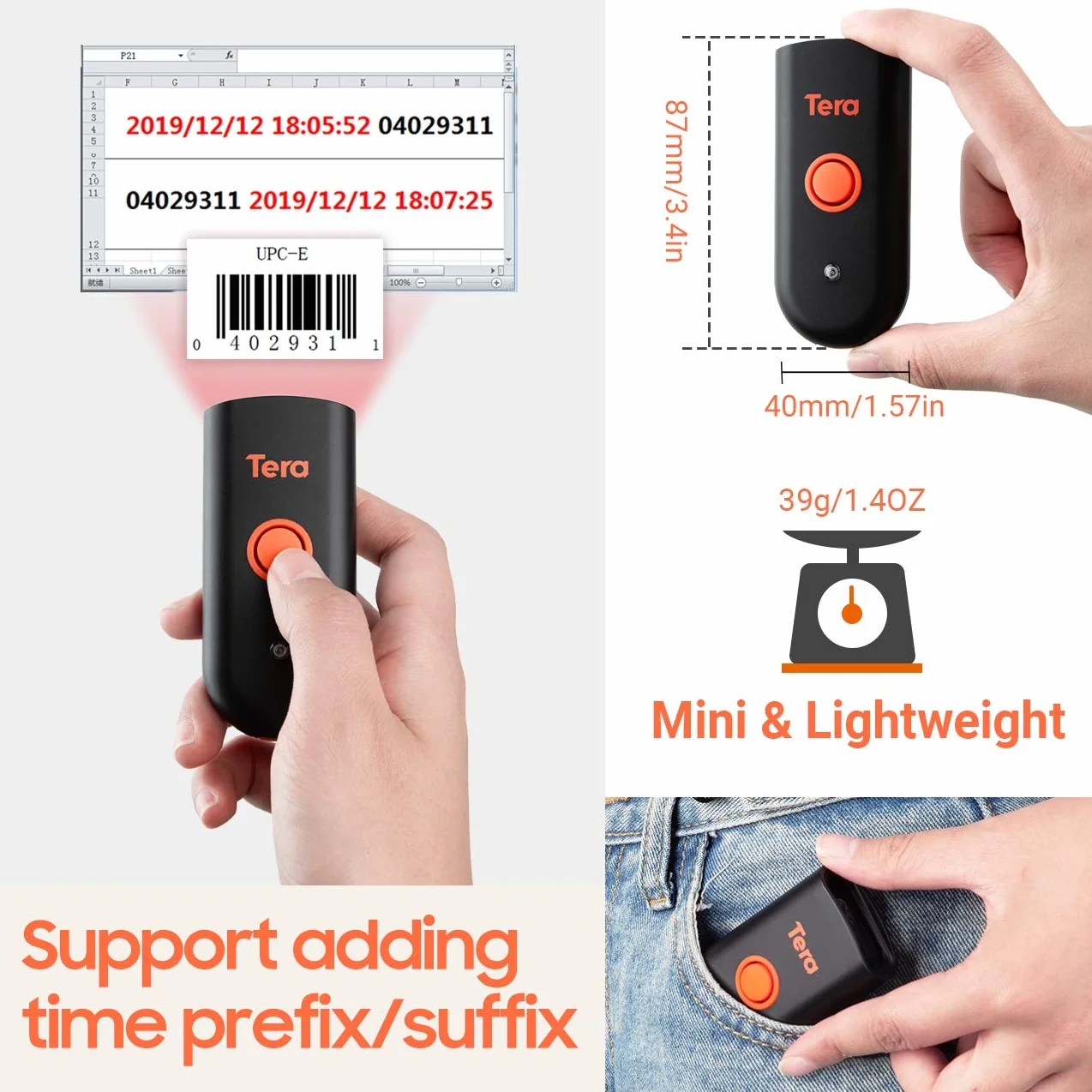 Tera Mini Bluetooth 5.0 Bezprzewodowy Czytnik Kodów Kreskowych 1D 2D 3-en-1 USB Scanner QR Kodów Smartphone iOS Android Windows