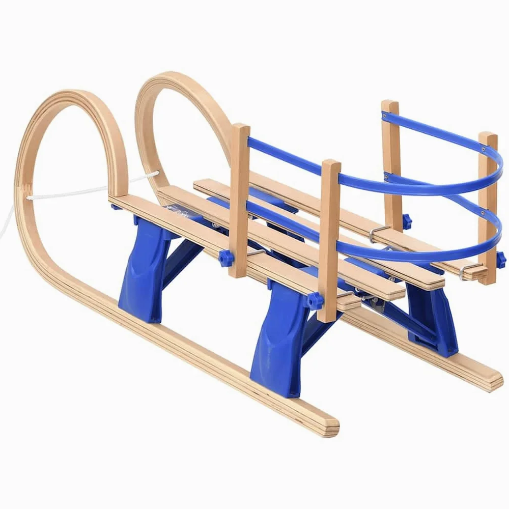 Luge pliante de 110 cm avec dossier, en contreplaqué avec patins en métal, corde de traction et design pliable pour enfants et adultes, luge en plein air en hiver sur la neige, les pistes et