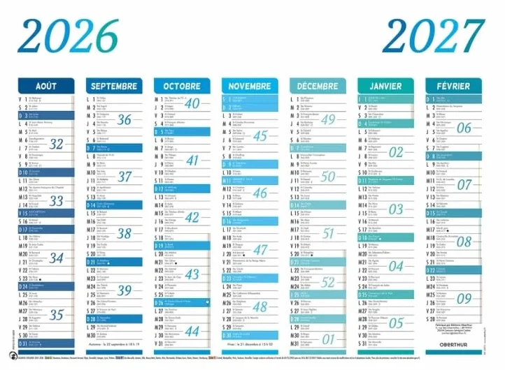 OBERTHUR Calendrier Mural Scolaire 27 x 21 cm Août 2026 Septembre 2027