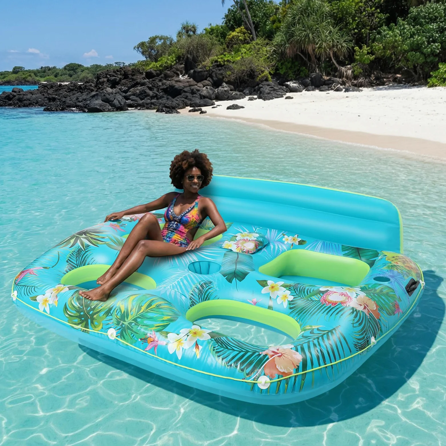 Matelas gonflable pour piscine 2 personnes, piscine solaire gonflable avec porte-gobelet et bar à glace, matelas gonflable à eau pour adulte avec appui-tête, PVC de 0,4 mm d'épaisseur, 167,64 x 198,12