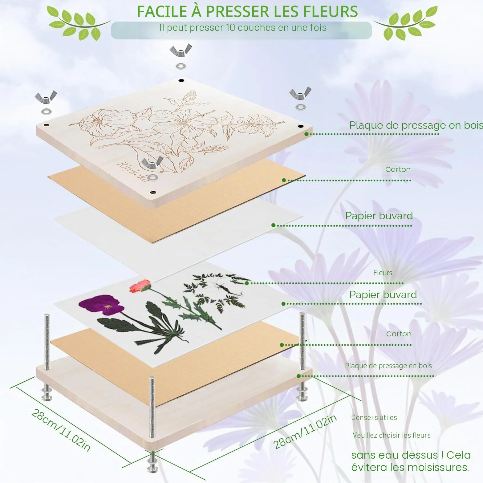 Presse à fleurs extra grande en bois 28x28 cm 10 couches avec sac de rangement