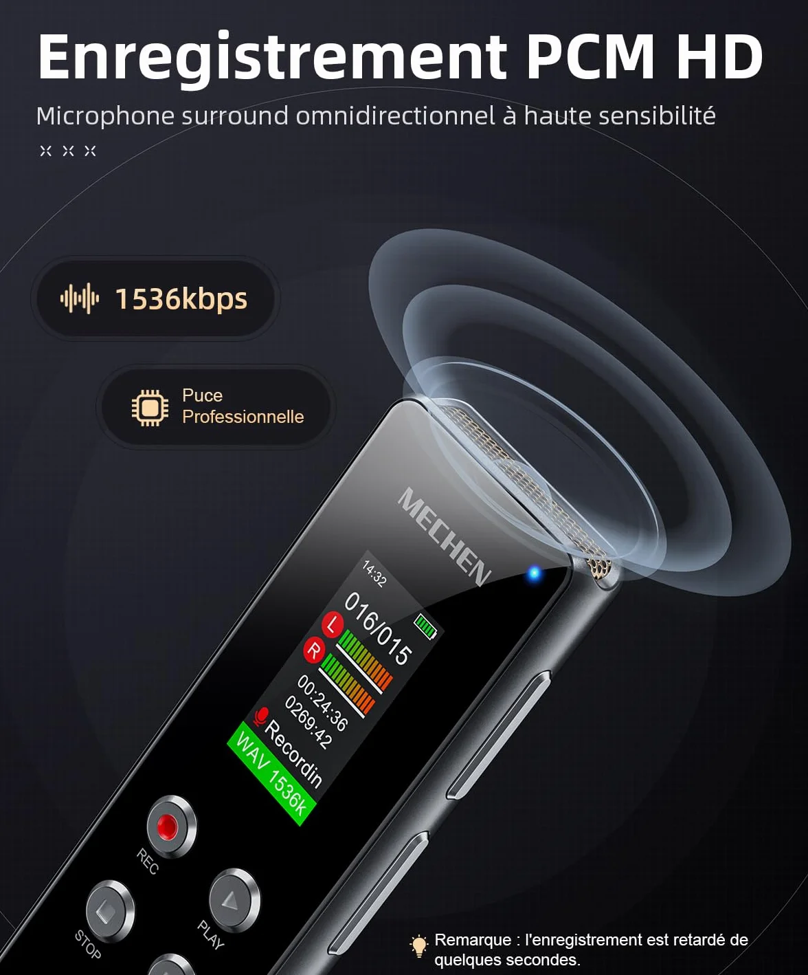 MECHEN V01 Dictaphone 128 Go enregistreur vocal VOX réduction bruit 300 mAh