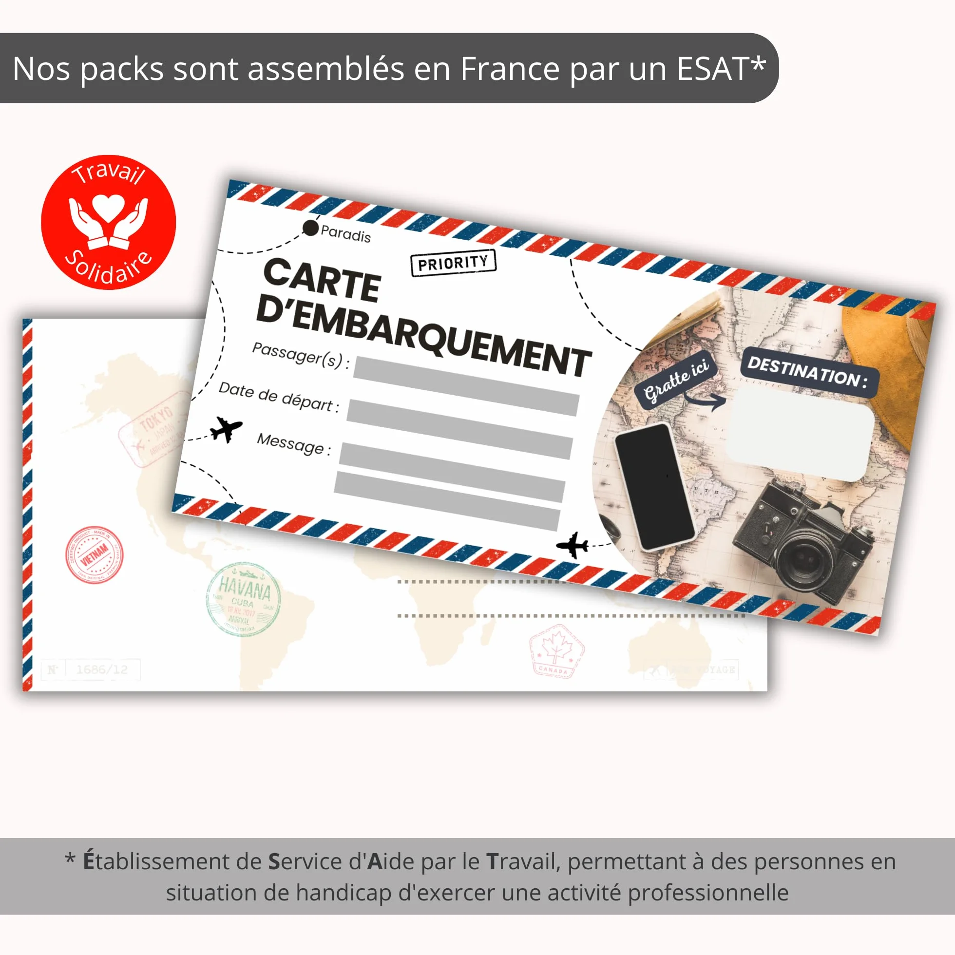 Carte à Gratter Voyage Surprise Personnalisable en Français - Billet d'Avion Annonce Cadeau Anniversaire Noël EVJF EVG - Pack de 2
