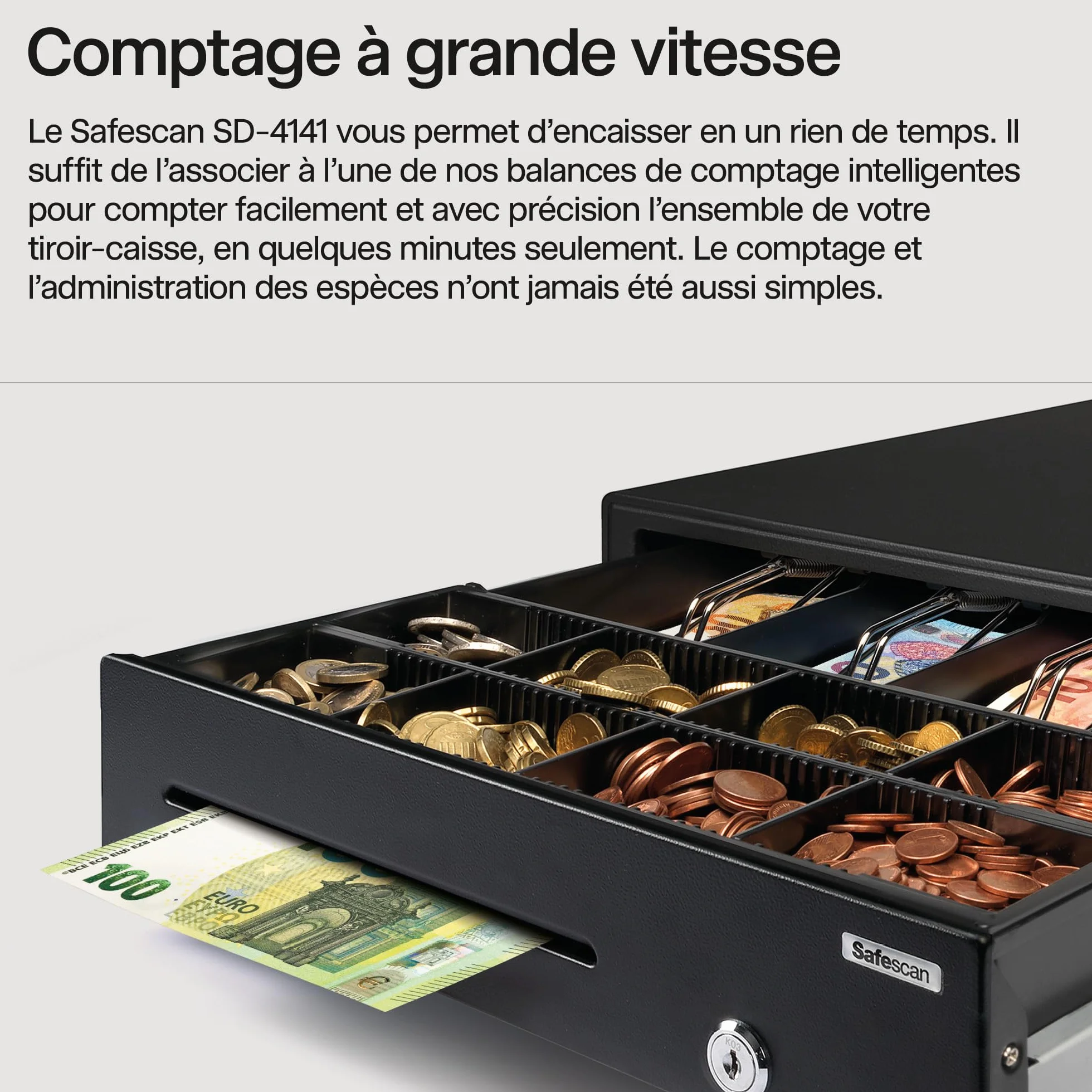 Safescan SD-4141 tiroir-caisse 4 emplacements billets 8 emplacements pièces RJ-12 41 x 41.5 x 11.5 cm