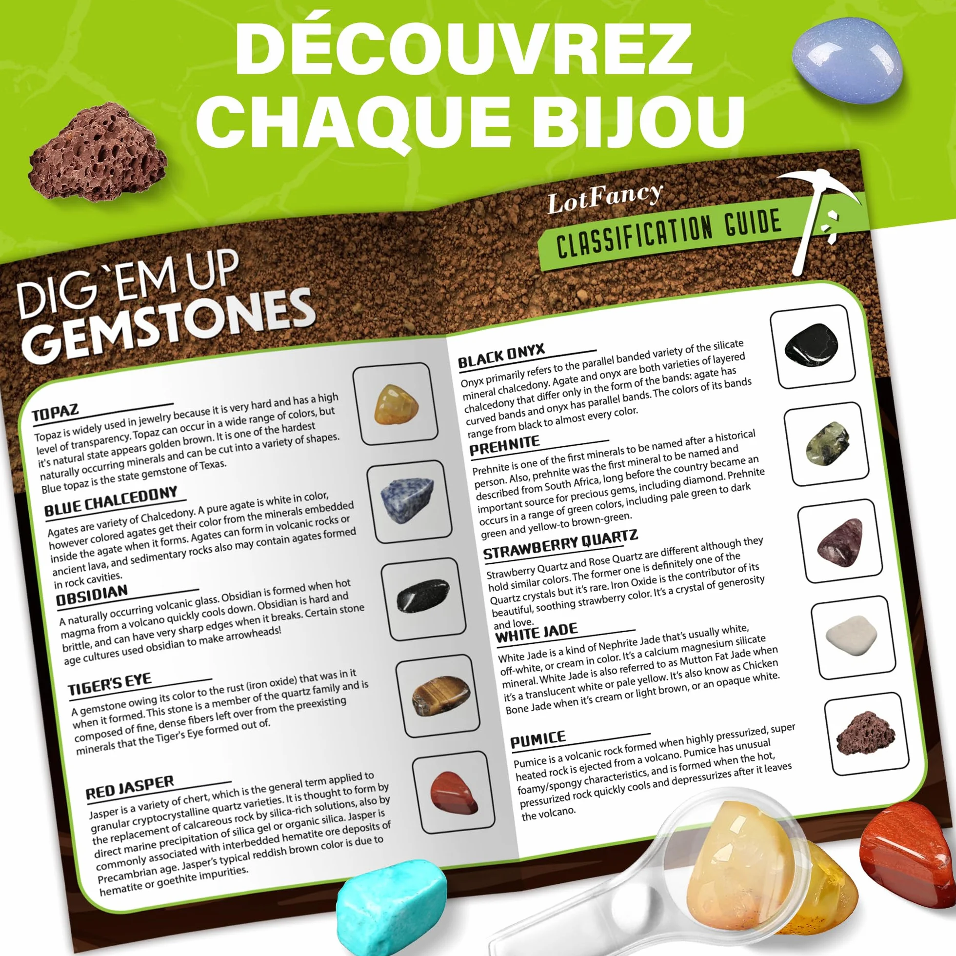 LotFancy Kit de Fouille de Pierres Précieuses - 20 Vraies Gemmes, Kit Scientifique pour Enfants 6-10 Ans, Cadeau Garçons Filles