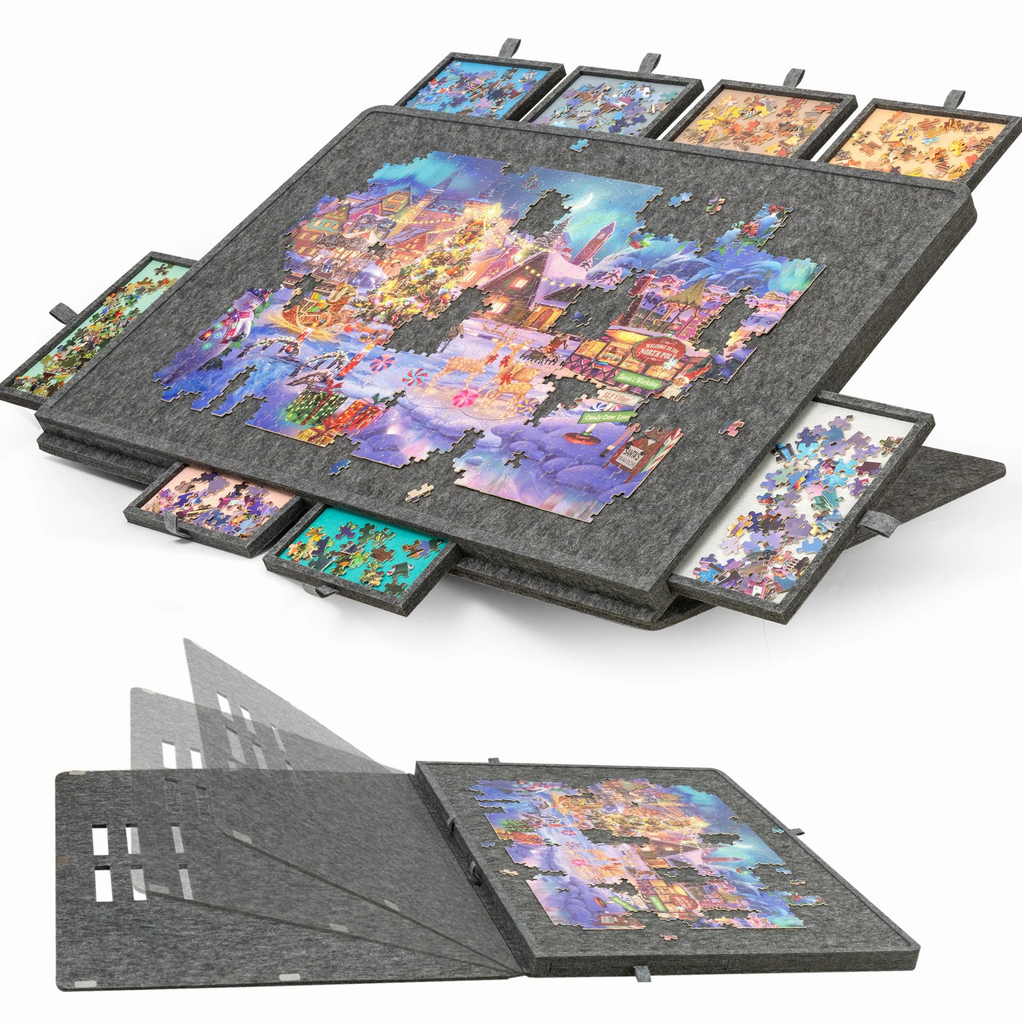 Plateau de puzzle inclinable de 1 500 pièces avec 8 tiroirs et couverture, table de puzzle réglable à 3 angles avec chevalet intégré, plateaux de jeu légers et portables avec rangement (1500