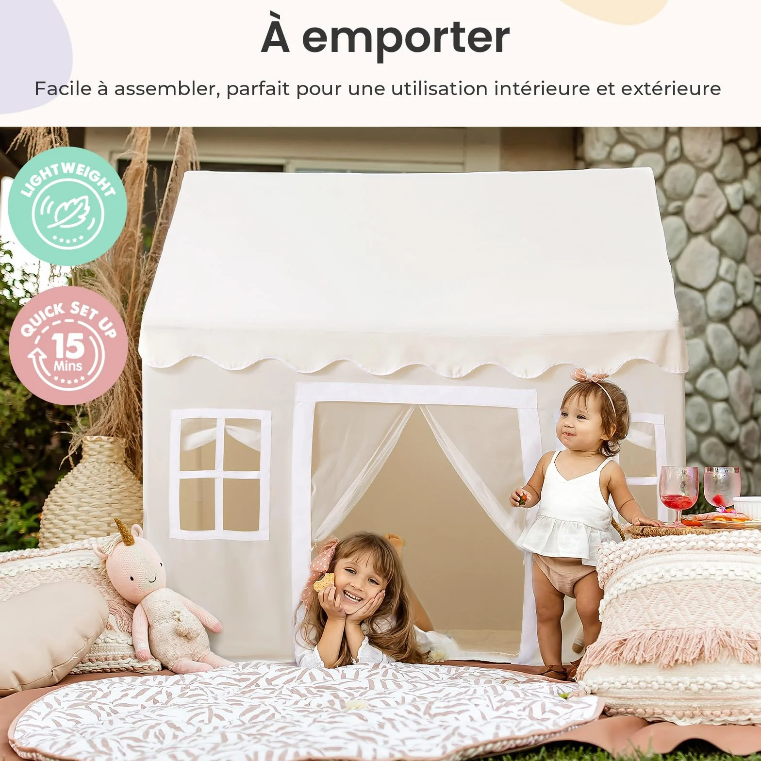 Tiny Land Tente de Jeu pour Enfants avec Tapis et Lumières de Chaîne 4m, Cabane Enfant Intérieur Extérieur, Château Princesse 133x90x136 cm