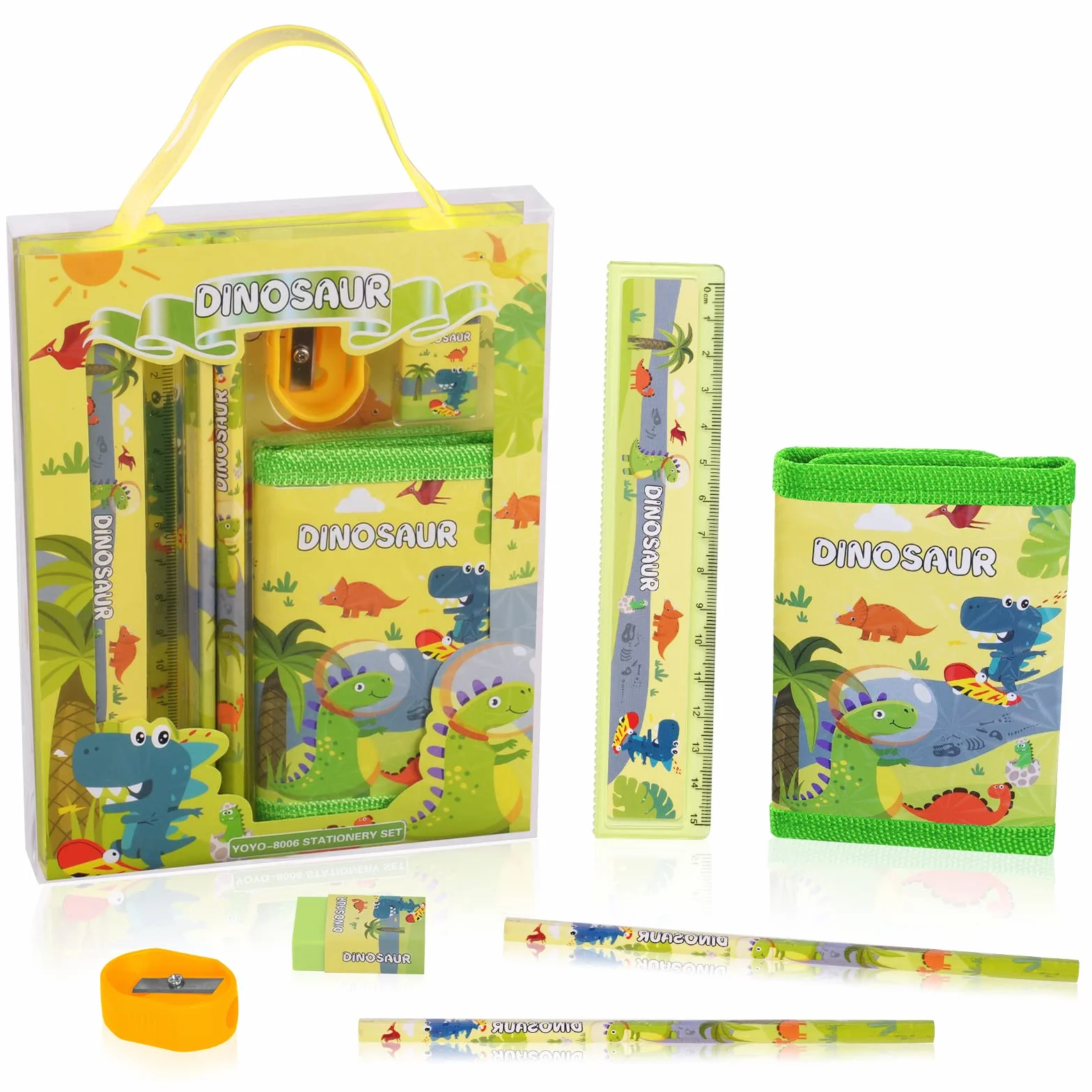 Vicloon Papeterie Dinosaure 6pcs Ensemble Étui Crayon Porte-Monnaie Règle Taille-Crayon Gomme Cadeau Filles